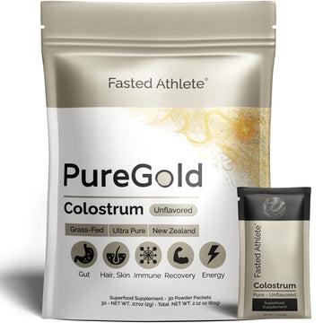 PureGold - Bovine Colostrum Powder - 100% Pure New Zealand Grass Fed, Supports Gut Health, Skin, Hair, & Immunity – Colostrum Supplement, Unflavored, 30 Travel Packets Fasted Athlete uk supplements