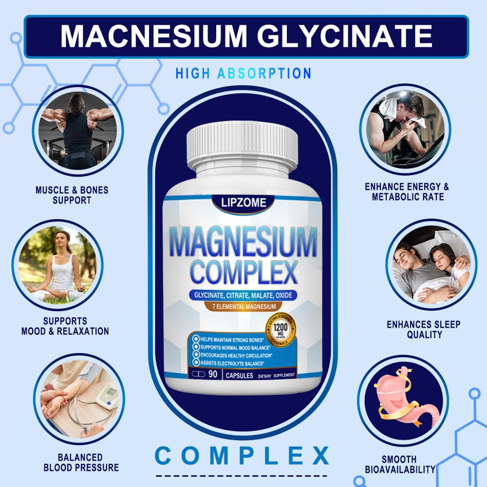 Magnesium Complex Supplement 1200mg - Advanced 7-in-1 Magnesium Blend - Glycinate, Citrate, Malate, Taurate, Oxide, Aspartate, Orotate – High Absorption Formula – Non-GMO, 90 Capsules Lipzome uk supplements