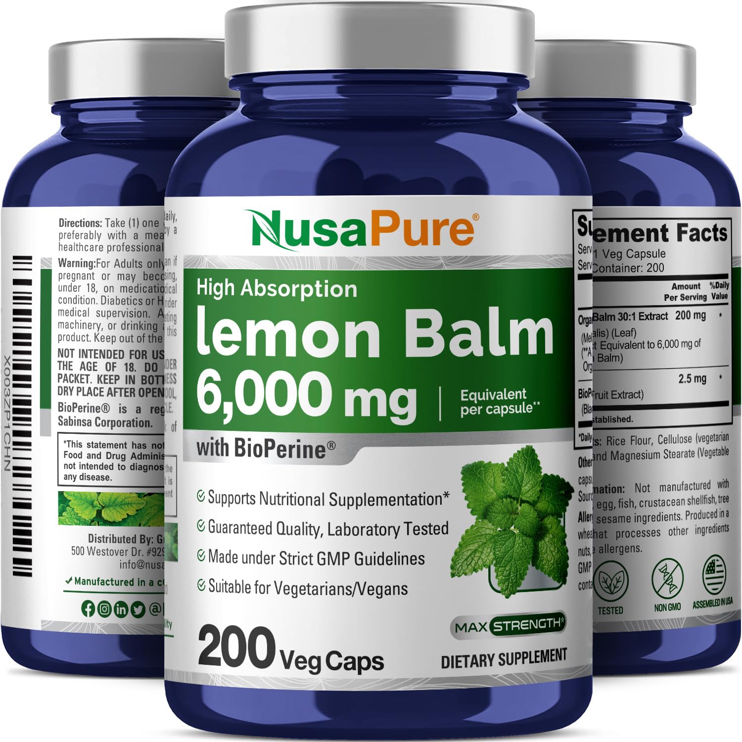 NusaPure Lemon Balm 30:1 Extract, 200 mg Equivalent to 6000mg Per Vegan Caps - 200 Count Non-GMO, Vegan Bioperine NusaPure uk supplements