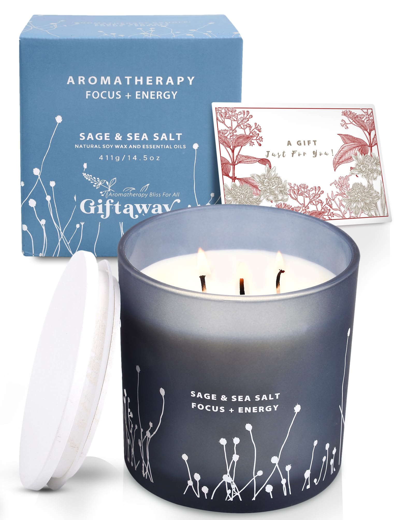 White Sage Sea Salt 3 Wick Candle 14.5 oz | Sage Candles for Cleansing House | Large Soy Candles GIFTAWAY uk supplements