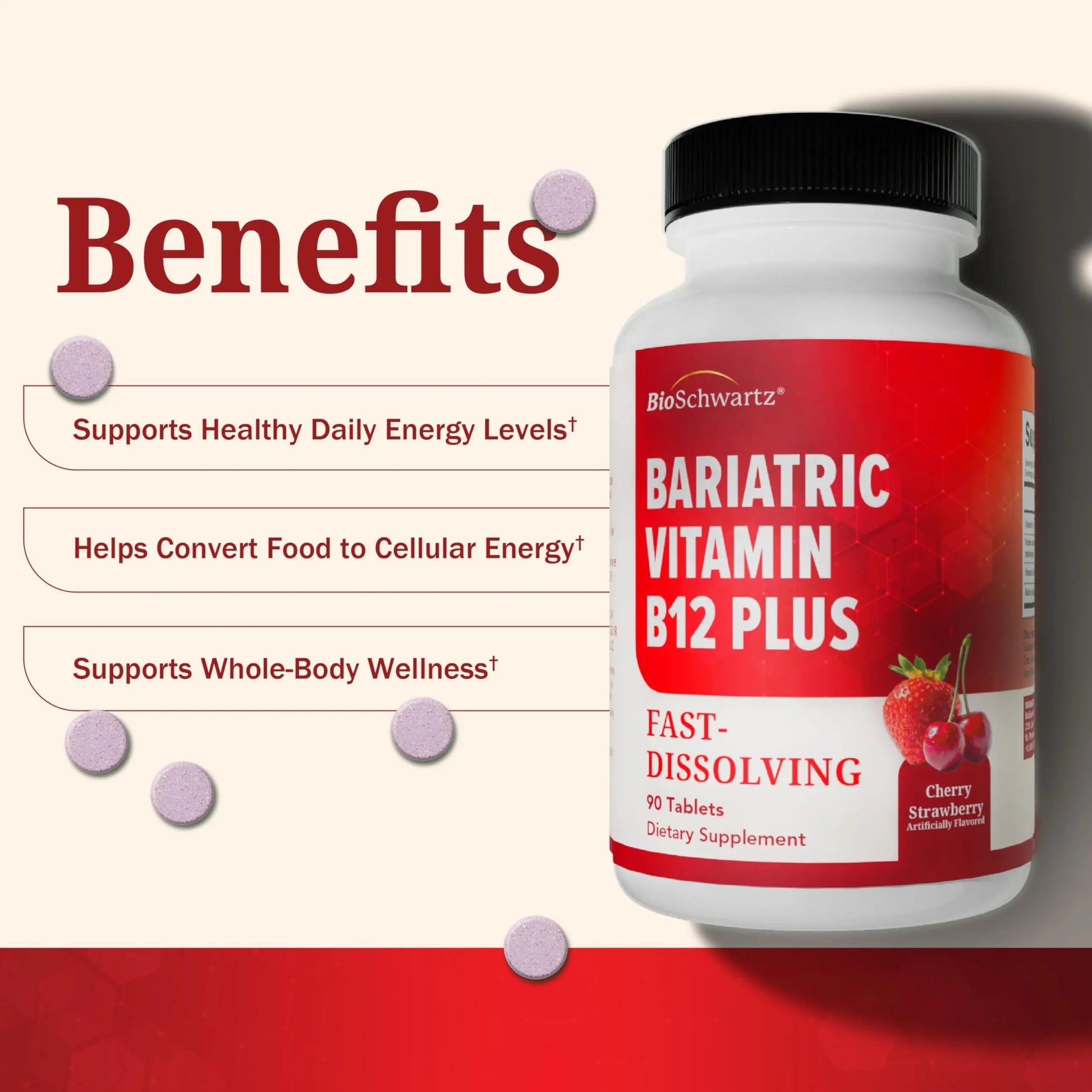 BioSchwartz Bariatric B12 Plus Dissolvable Tablets - 1000mcg Vitamin B12, Vitamin B6, Folate, Biotin - Cherry Strawberry Flavor BioSchwartz uk supplements