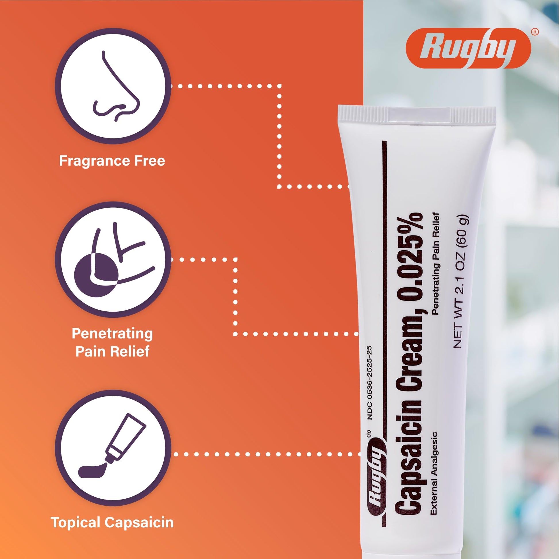 Rugby Capsaicin 0.025% Cream for Penetrating Pain Relief - 2.1 Oz (60g) (3 Pack) RUGBY LABORATORIES uk supplements