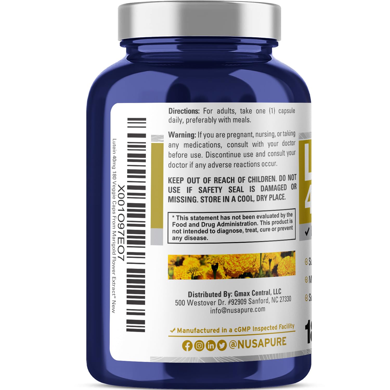 NusasPure Lutein - Suitable for Vegetarian/Vegan, Non - GMO - 40 mg - 180 Capsules NusaPure uk supplements