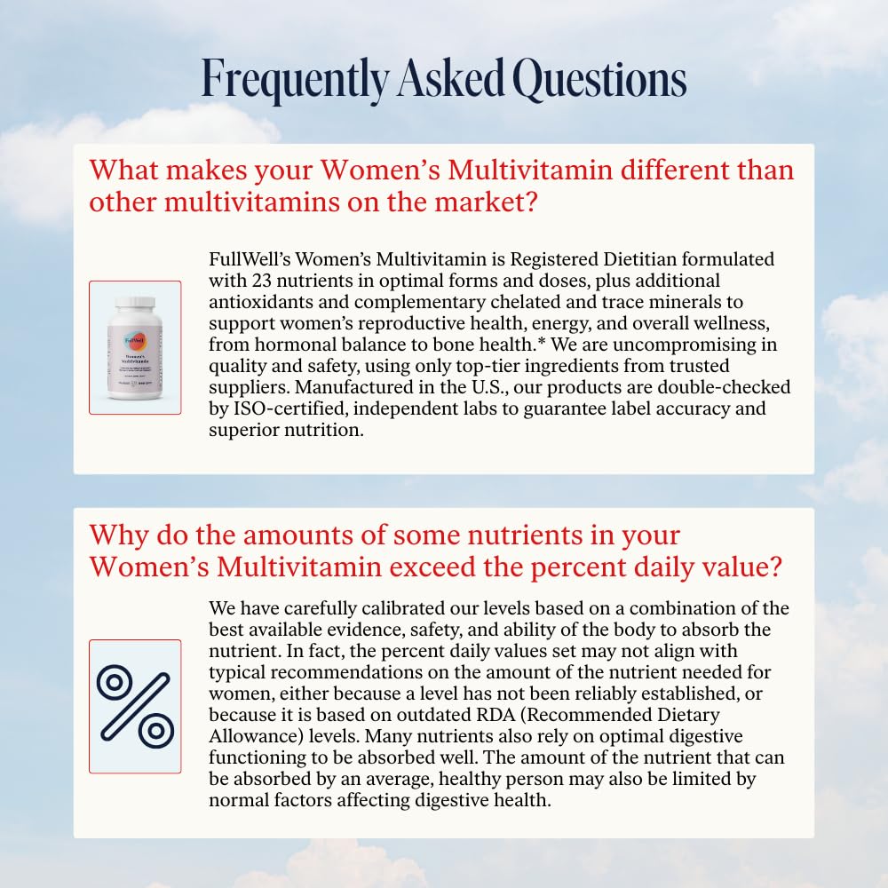 FullWell Women's Multivitamin - Daily Multivitamin for Reproductive Health - Supports Future Fertility, Hormone Balance & Overall Wellness - Antioxidant Blend - CoQ10 & PQQ - 90 Count (30 Servings) FullWell uk supplements
