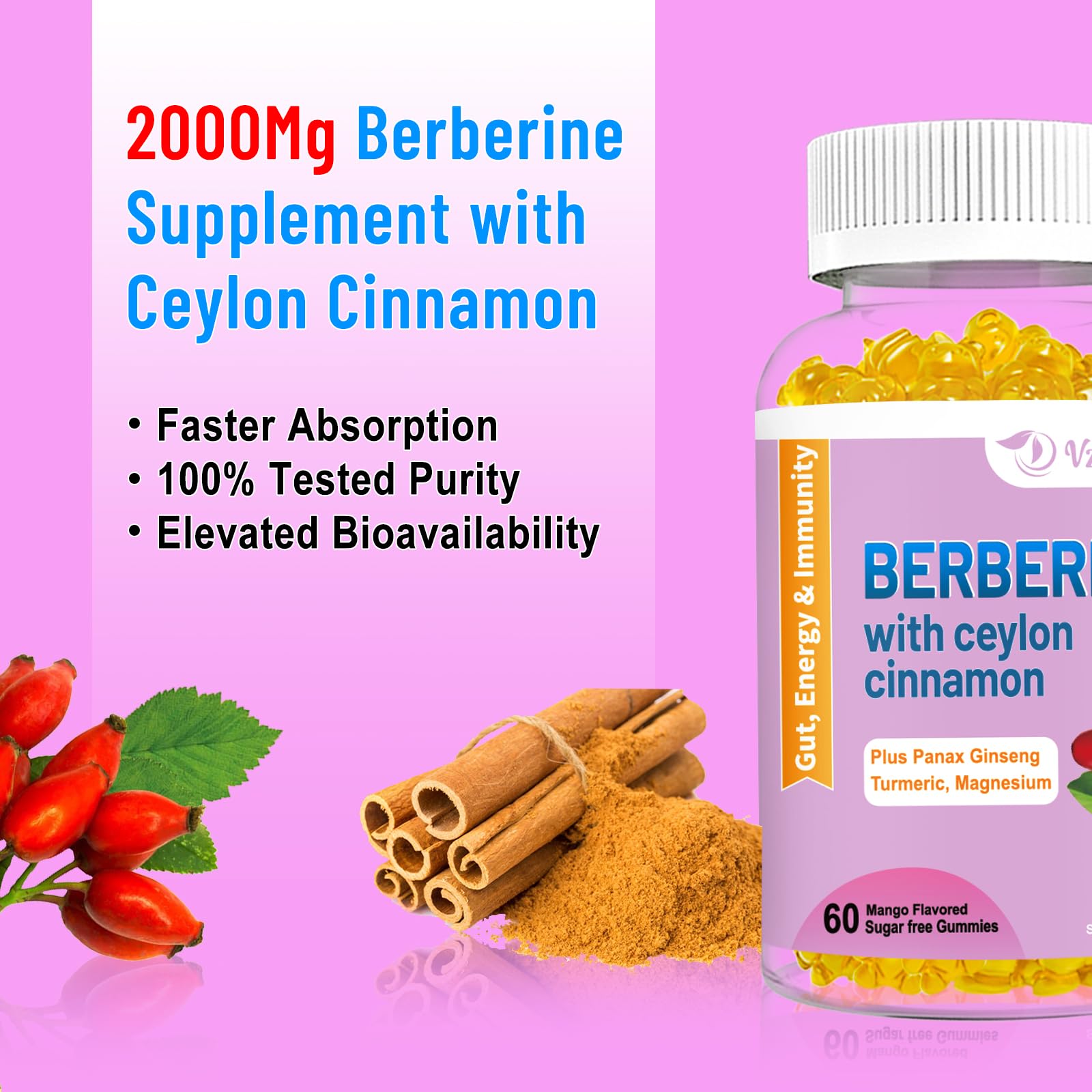 2 Pack Berberine with Ceylon Cinnamon Gummies, 2000mg High Potency Berberine HCI VZOXAINS uk supplements
