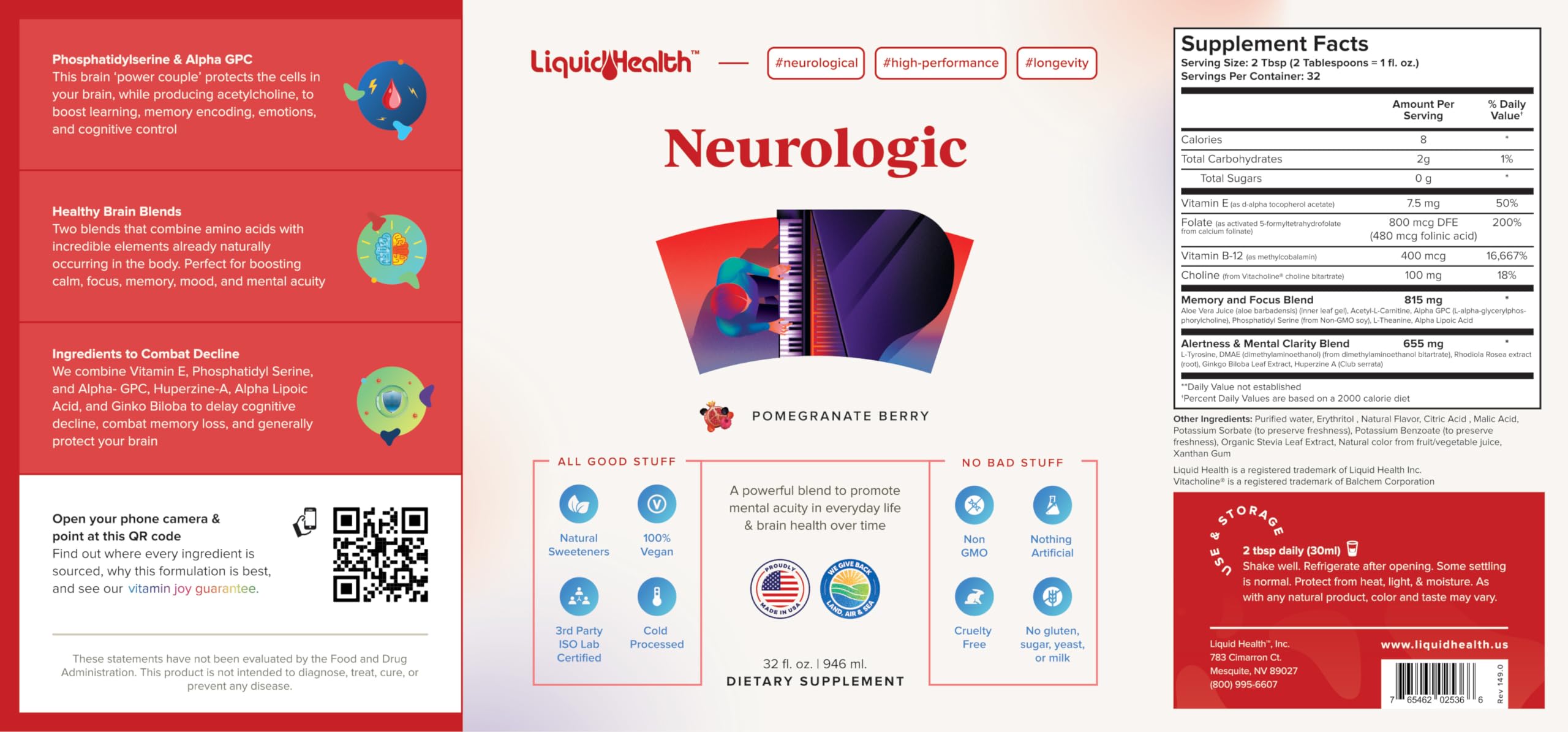 LIQUIDHEALTH Neurologic Focus Supplement - Brain Booster Nootropic Supplement for Cognitive Function, Memory & Focus with Ginkgo Biloba, Choline, L-Theanine & Phosphatidylserine - USA Made (2 Pack) LIQUIDHEALTH uk supplements
