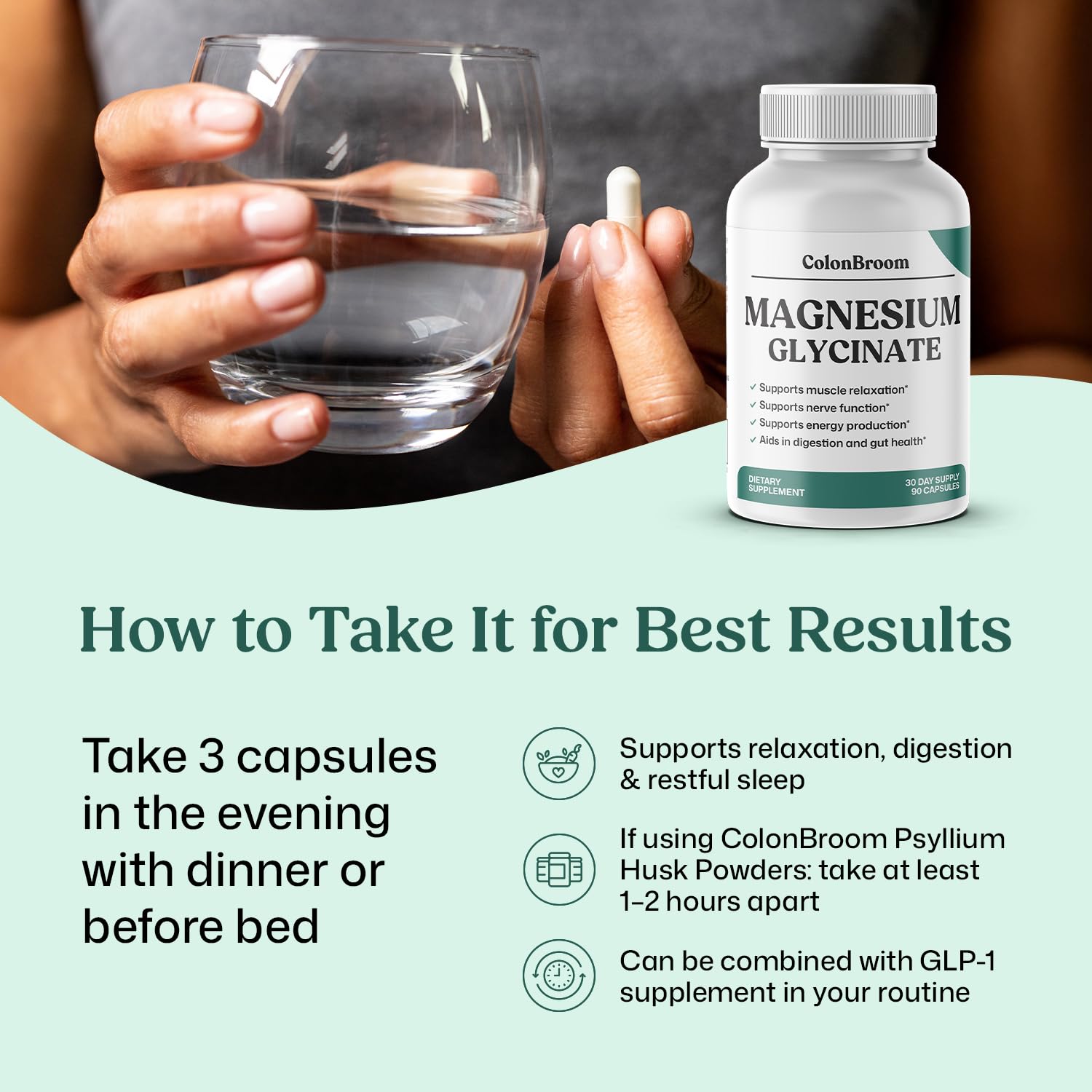 ColonBroom Pure Magnesium Glycinate Capsules | Supplement for Sleep, Heart & Muscle Support | Non-GMO, Gluten Free, Vegan & Sugar-Free | 1 Month Supply (90 Capsules) ColonBroom uk supplements