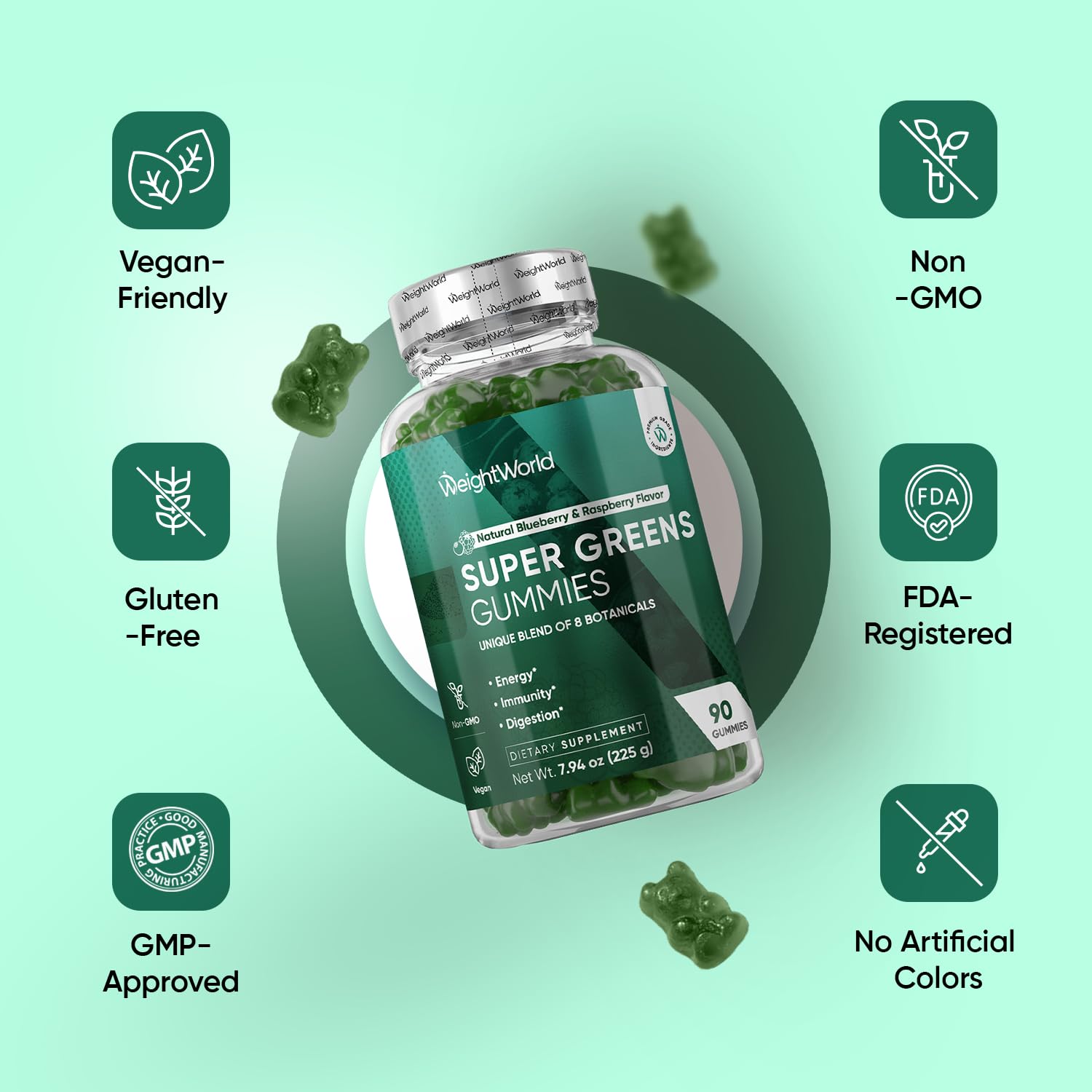 WeightWorld Super Greens Gummies - Energy, Immunity & Digestion - 45-Day Supply - Vegan Daily Greens Supplements (Moringa, Broccoli, Spinach) - Added Vitamins & Minerals - 90 Superfood Gummies WeightWorld uk supplements