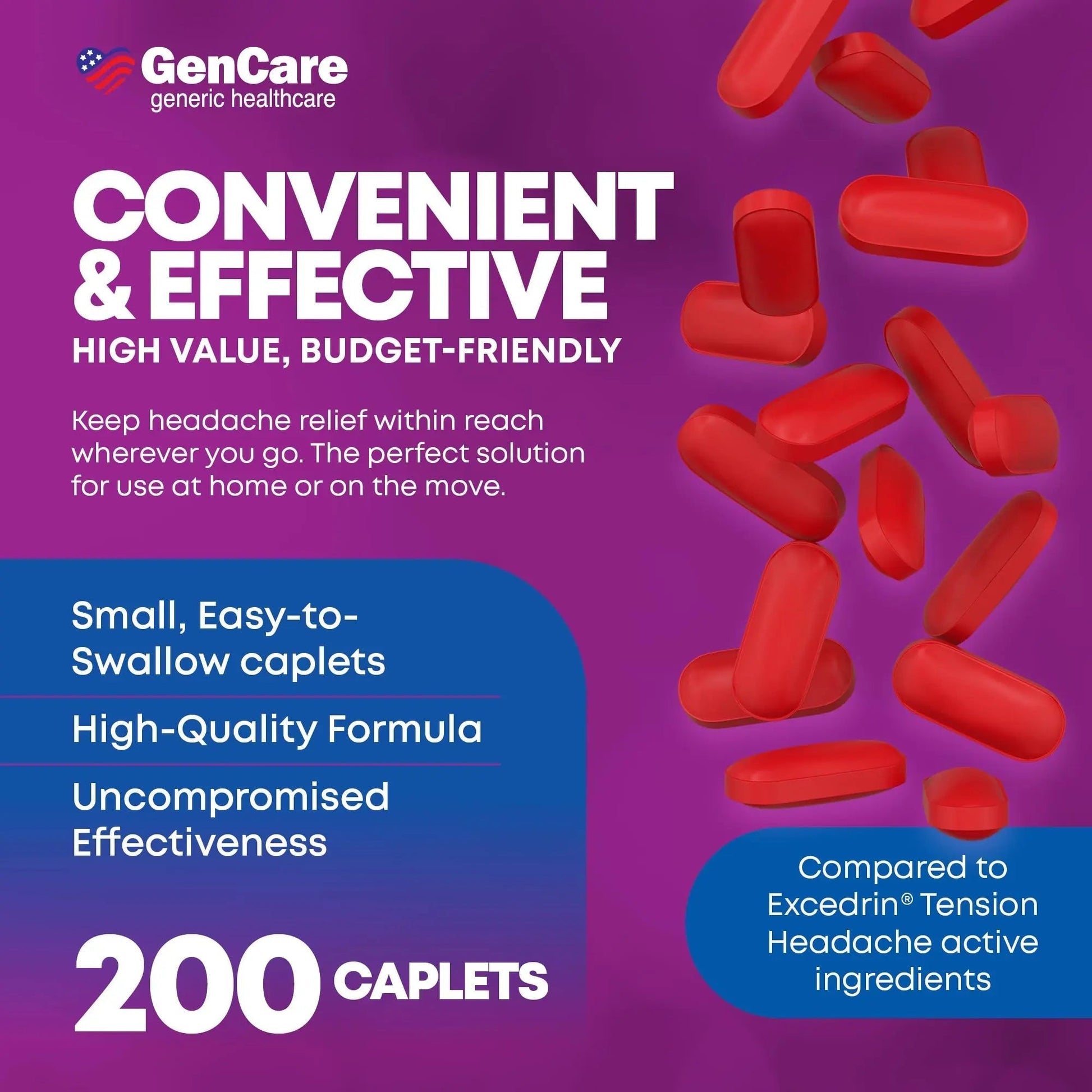 GenCare - Tension Headache Relief Pain Reliever with Acetaminophen 500 mg & Caffeine 65 mg (200 Caplets) Best Value Bulk Extra Strength for Head, Migraine, Joint Pain & Body Ache Relief Medicine GenCare uk supplements