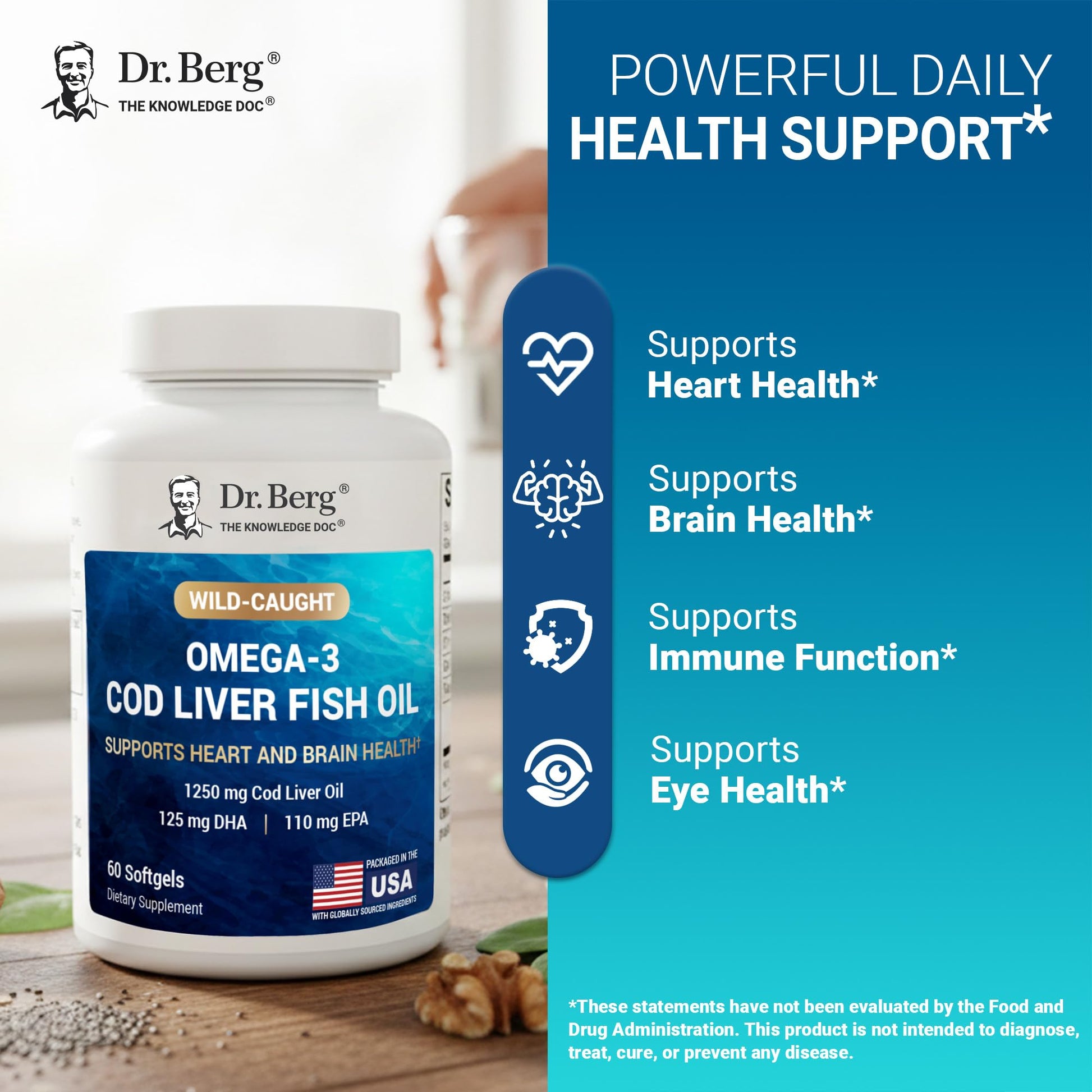 Dr. Berg Omega-3 Cod Liver Fish Oil 60 Softgels – Wild-Caught Icelandic Cod – Omega 3 EPA & DHA – Heart, Brain, Immune & Eye Support* – Lemon Flavor – 4X Lab-Tested – Non-GMO, No Fillers Dr. Berg Nutritionals uk supplements