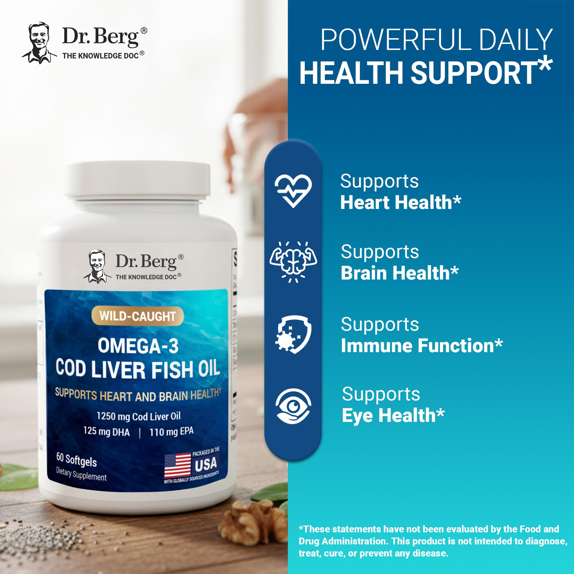 Dr. Berg Omega-3 Cod Liver Fish Oil 60 Softgels – Wild-Caught Icelandic Cod – Omega 3 EPA & DHA – Heart, Brain, Immune & Eye Support* – Lemon Flavor – 4X Lab-Tested – Non-GMO, No Fillers Dr. Berg Nutritionals uk supplements