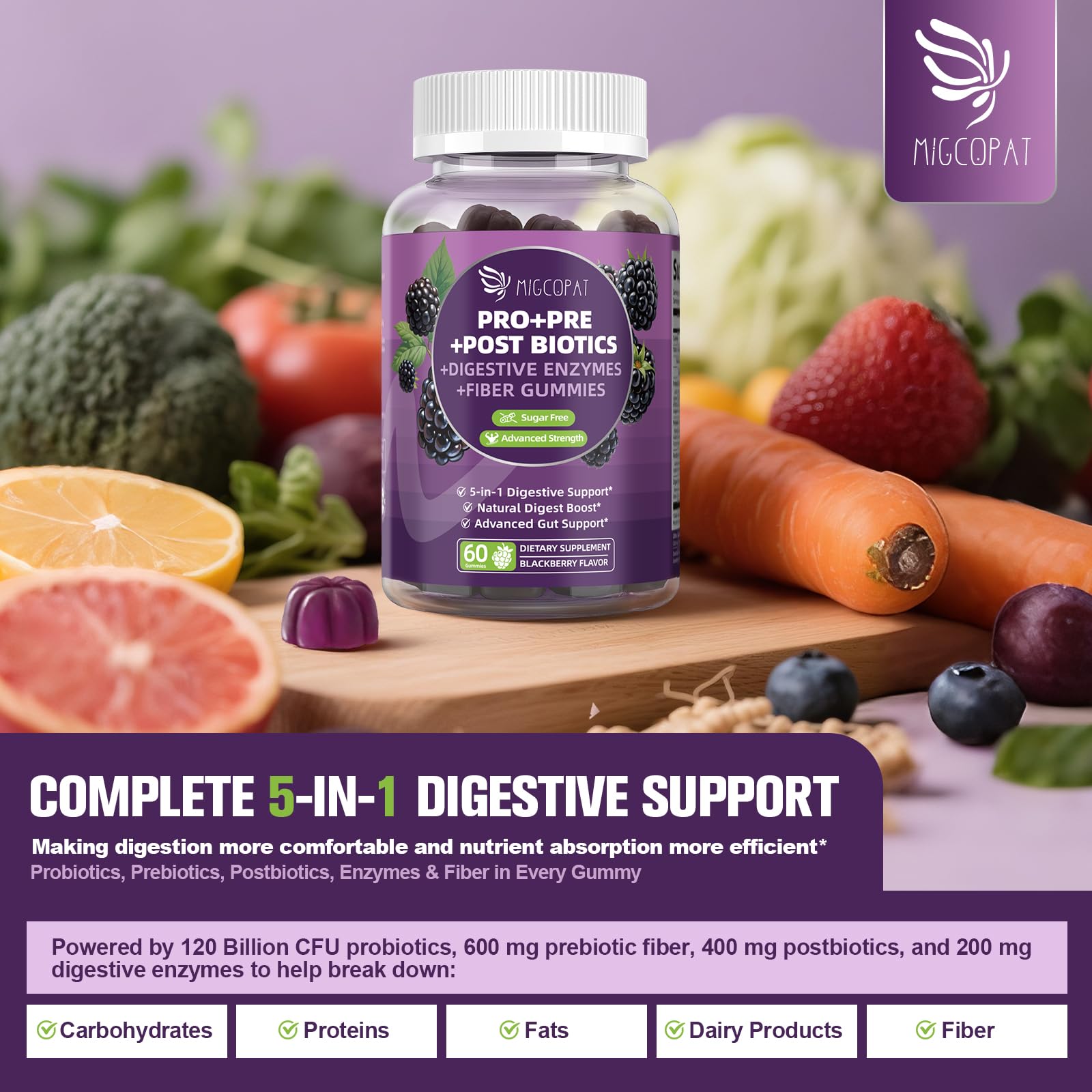 Migcopat Pre Post Probiotics Gummies, 5 in 1 Probiotic Prebiotic Postbiotic Digestive Enzymes with Fiber, 120 Billion CFU Probiotics Complete Gut Support, Sugar Free, Vegan, BlackBerry Flavor, 60 Cts Migcopat uk supplements