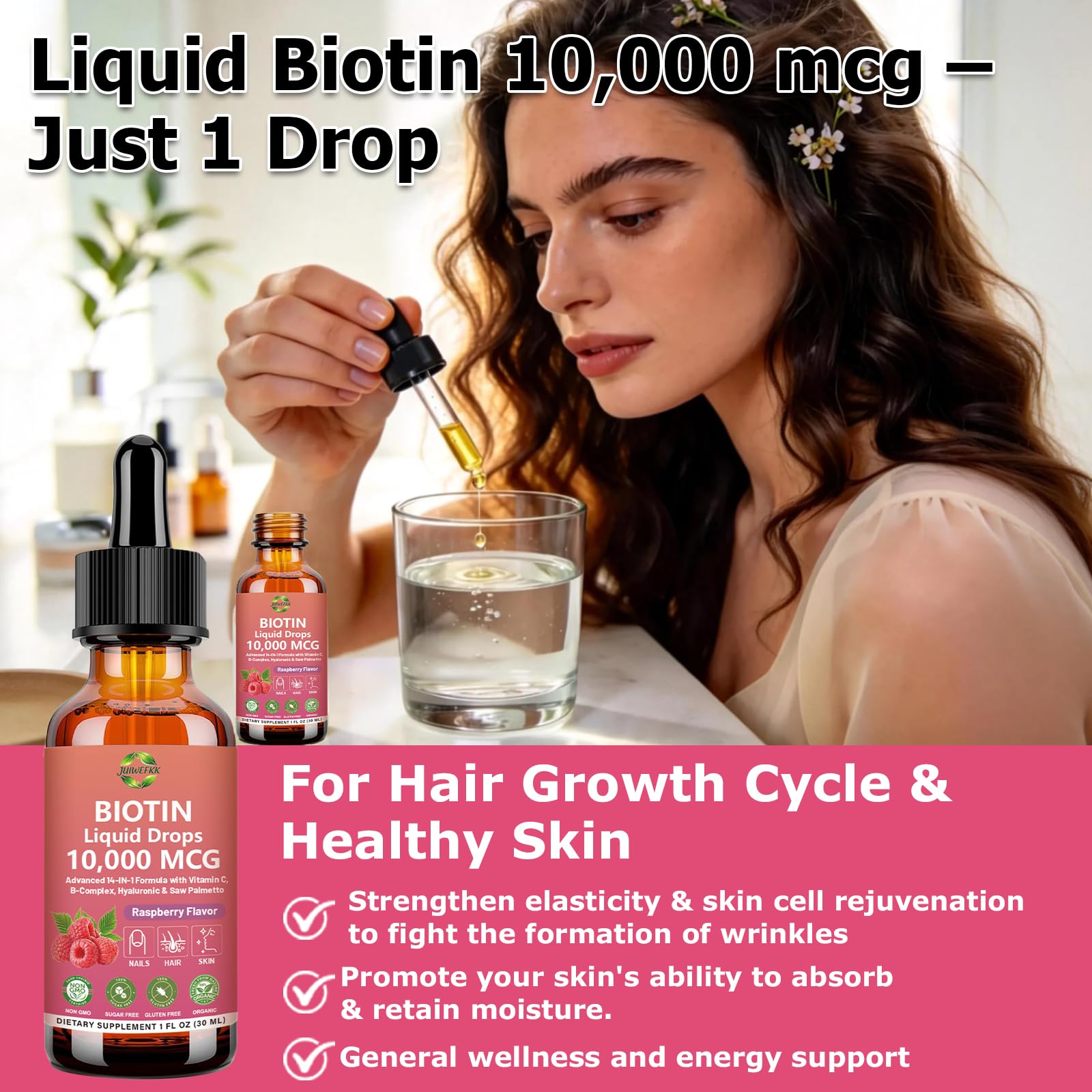 Pure Biotin 10000mcg Liquid Drop Optimal Solutions Hair Skin & Nails Vitamins Support w. Collagen Keratin Hyaluronic Acid Saw Palmetto, Biotin(Vitamin B7) for Hair Growth & Cellular Energy JUIWEFKK uk supplements