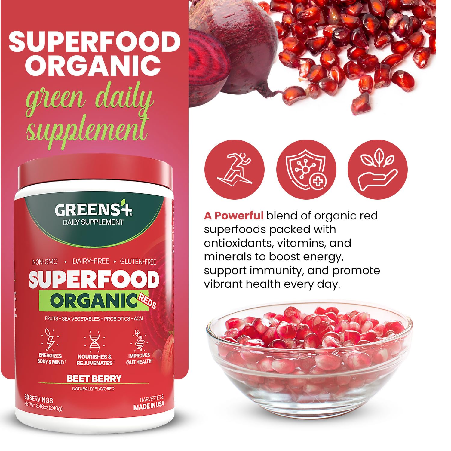 Greens+ Organic Reds Superfood Powder, Antioxidant, Polyphenol, Blend for Morning Kick, Energy, Vitality Boost, Nutrition, Vibrant Health, Vegan Soy/Dairy/Gluten Free(8.46oz) Greens+ uk supplements