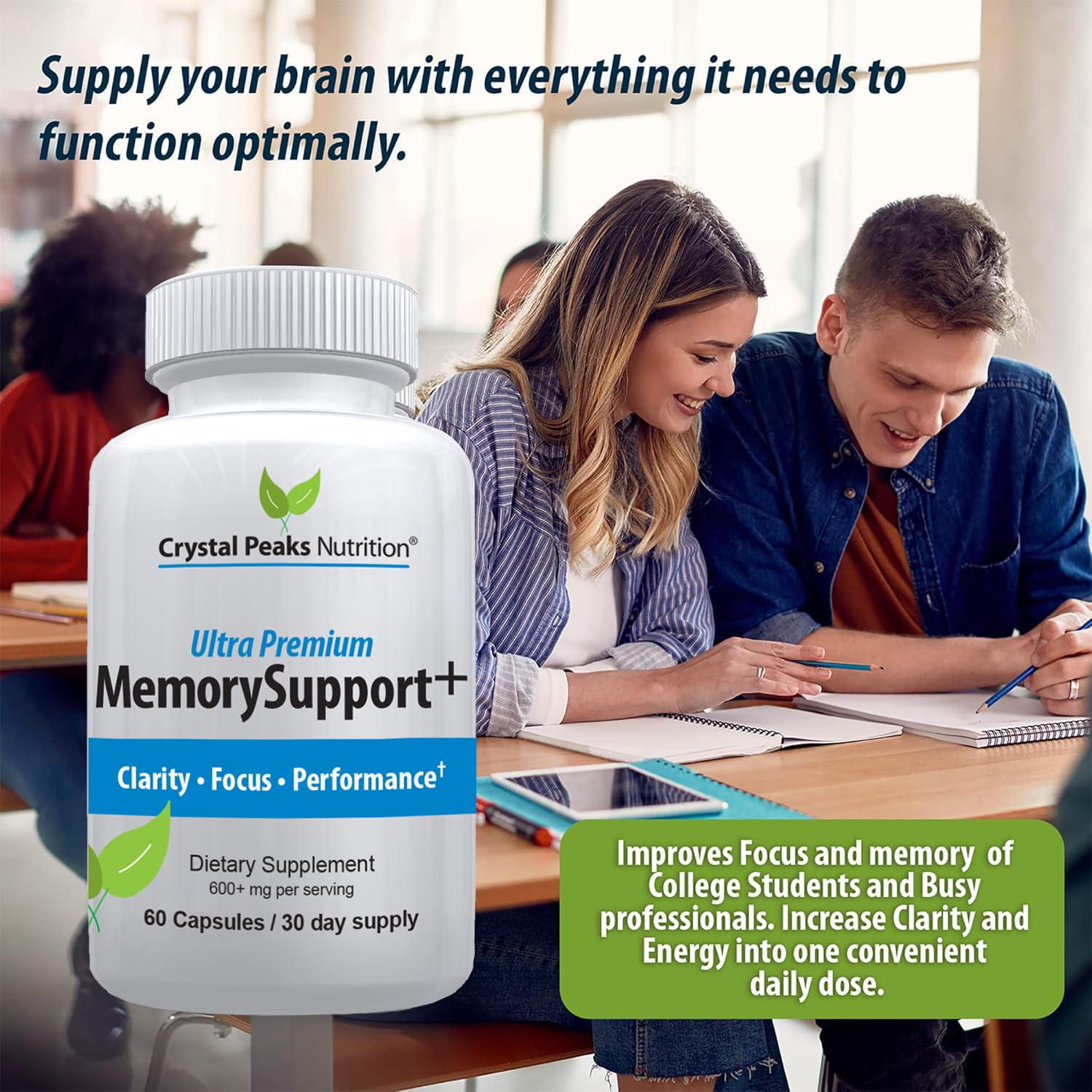 Memory Boost + Brain Support Supplement – Nootropic for Focus, Concentration, Memory. Enhanced Energy, Recall and Alertness - 60 Capsules/30-day Supply. CRYSTAL PEAKS NUTRITION uk supplements