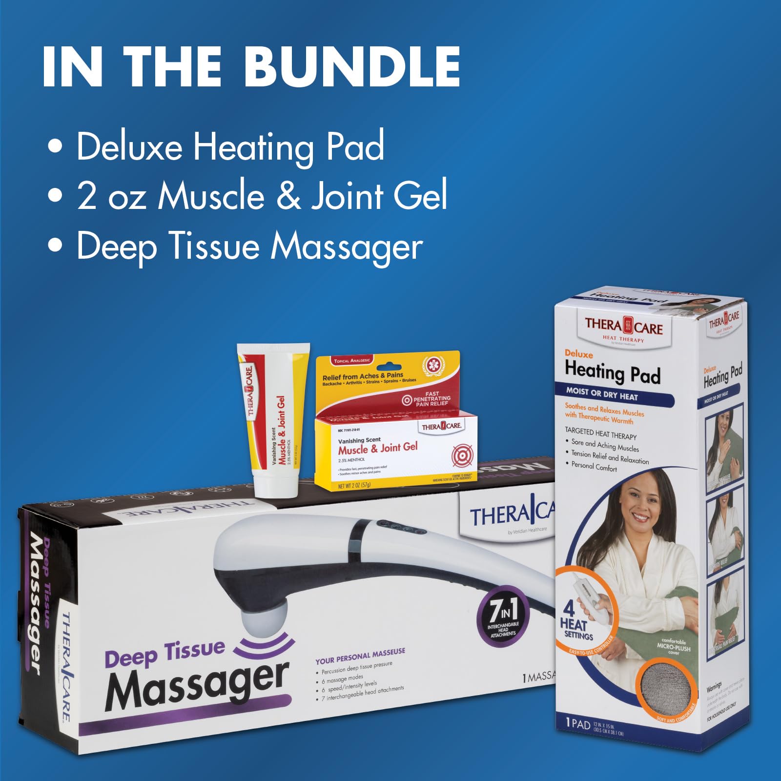 Pain Management Bundle 3-Piece | Personal Deep Tissue Massager | Muscle & Joint Pain Relief Gel | Deluxe Moist Dry Heating Pad | Therapeutic Care at Home | Whole Family Care Thera Care uk supplements