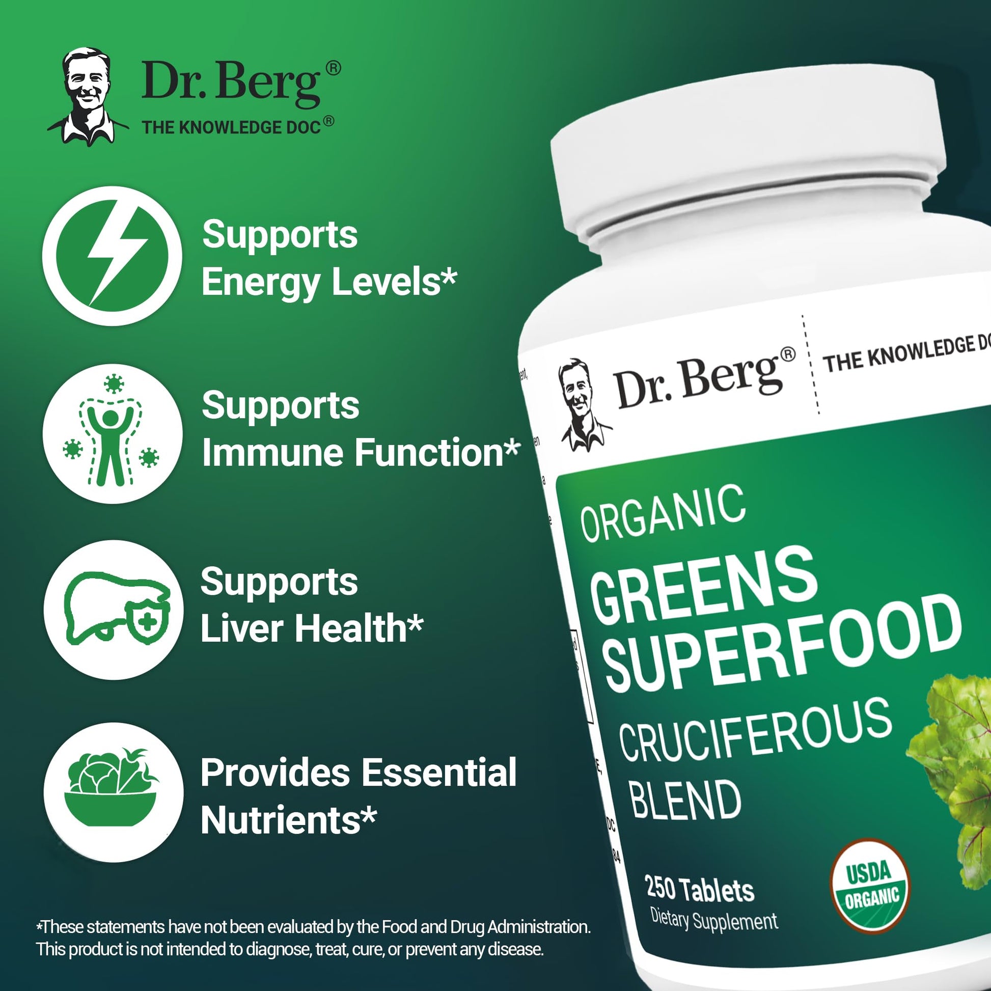 Dr. Berg's Greens Superfood Cruciferous Vegetable Tablets - Vegetable Supplements for Adults w/ 11 Phytonutrient Super Greens Tablets - Energy, Immune System & Liver Veggie Tablets - 250 Tablets Dr. Berg Nutritionals uk supplements
