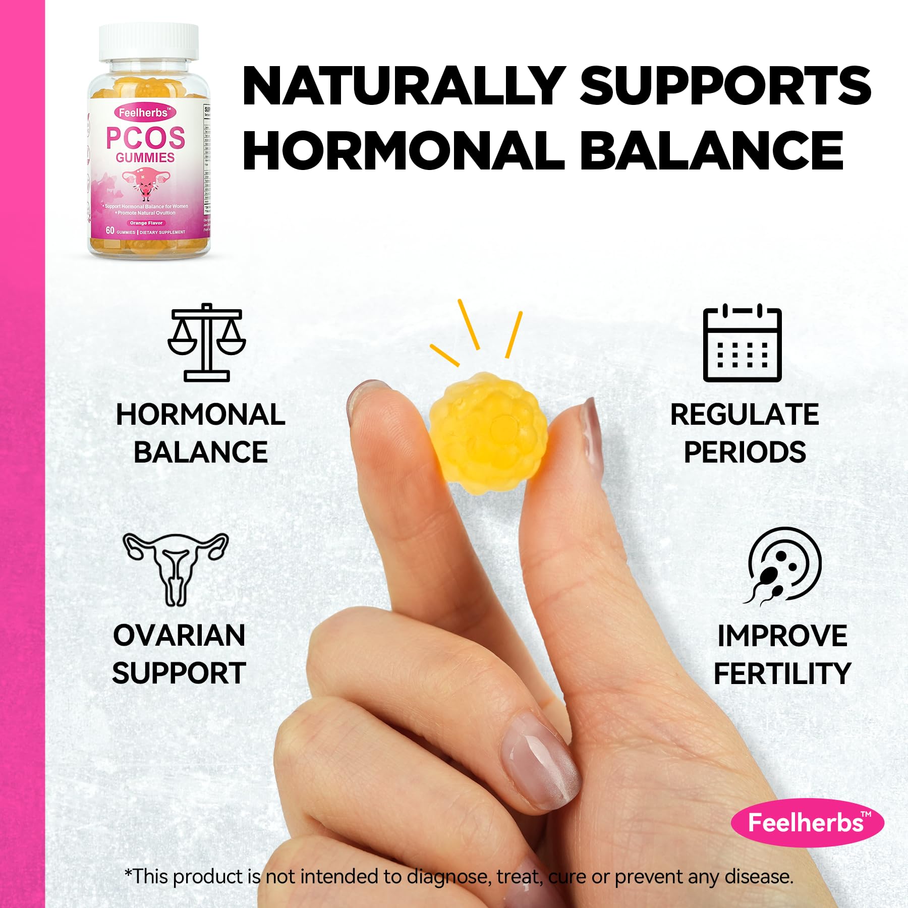 PCOS Gummies for Women Menstrual Cycle & Hormonal Balance, 60 Count Ovarian Support Gummies with Myo-Inositol, Folate and Vitamins, Orange Flavor PCOS Vitamins Gummies Helps Fertility and Ovulation Feelherbs uk supplements
