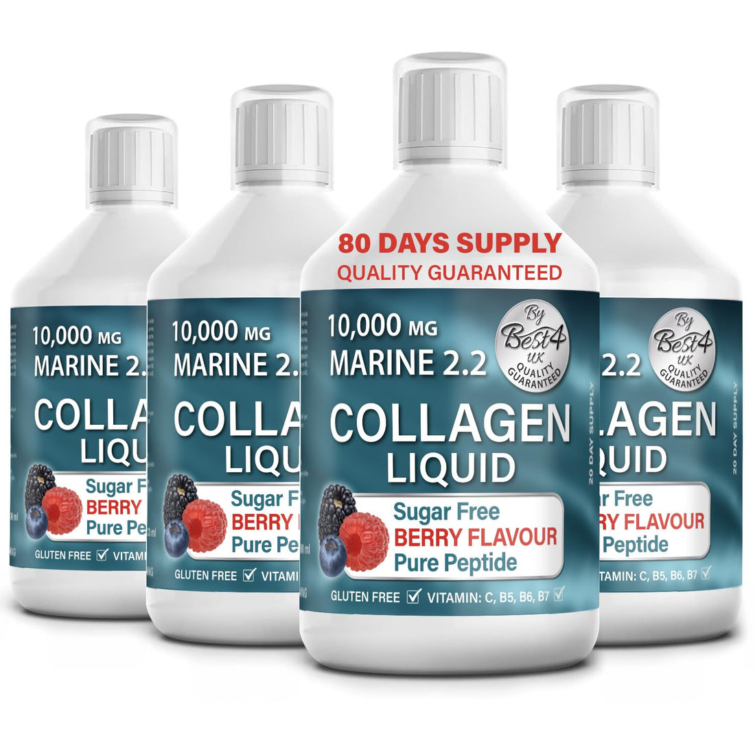 4 Pack Marine Collagen 2.2 Liquid 10000mg Sugar Free Ready to Drink Berry Flavour Best4Group uk supplements