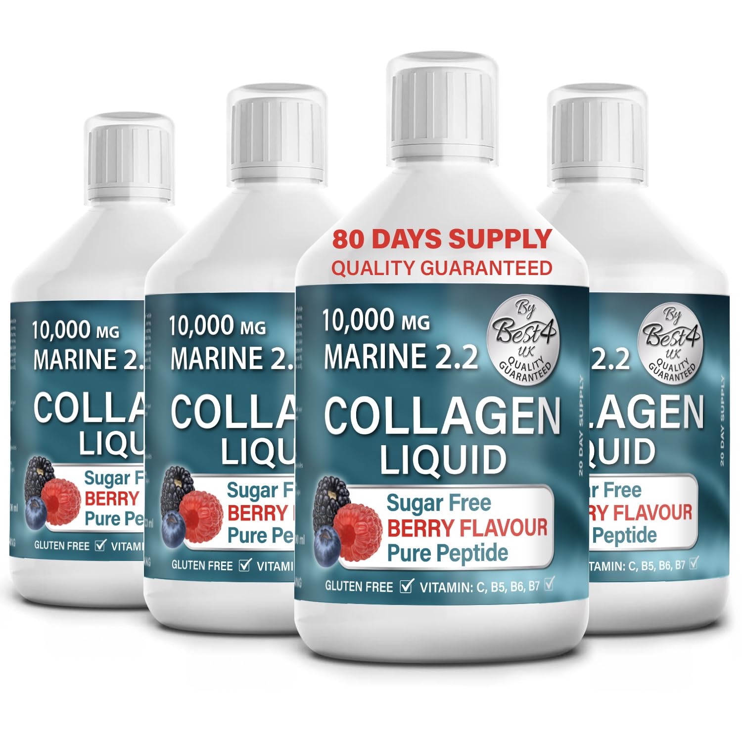 4 Pack Marine Collagen 2.2 Liquid 10000mg Sugar Free Ready to Drink Berry Flavour Best4Group uk supplements