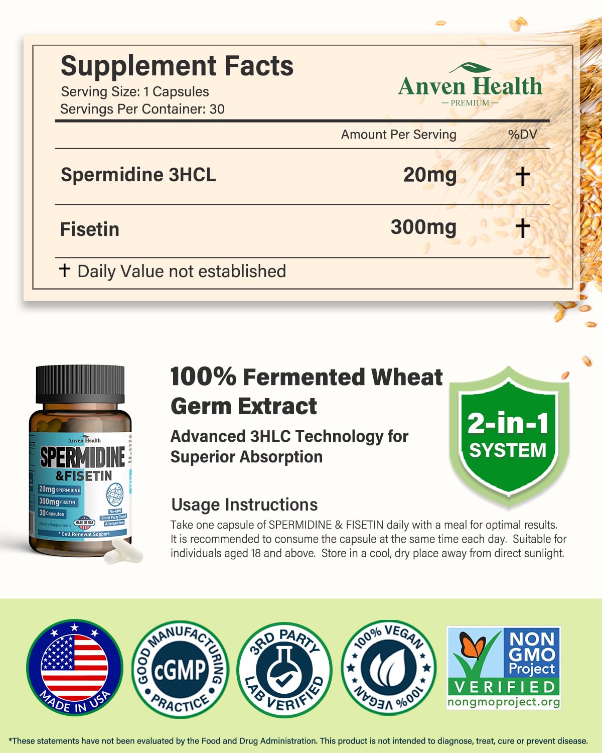 Spermidine & Fisetin Supplement - 20mg of 99% Spermidine Per Serving, 3HCL & 300mg Fisetin for Women Men Cell Renewal, Aging Defense & Longevity, Gluten Free, Non-GMO, Made in USA | 30 Veggie Caps Anven Health uk supplements