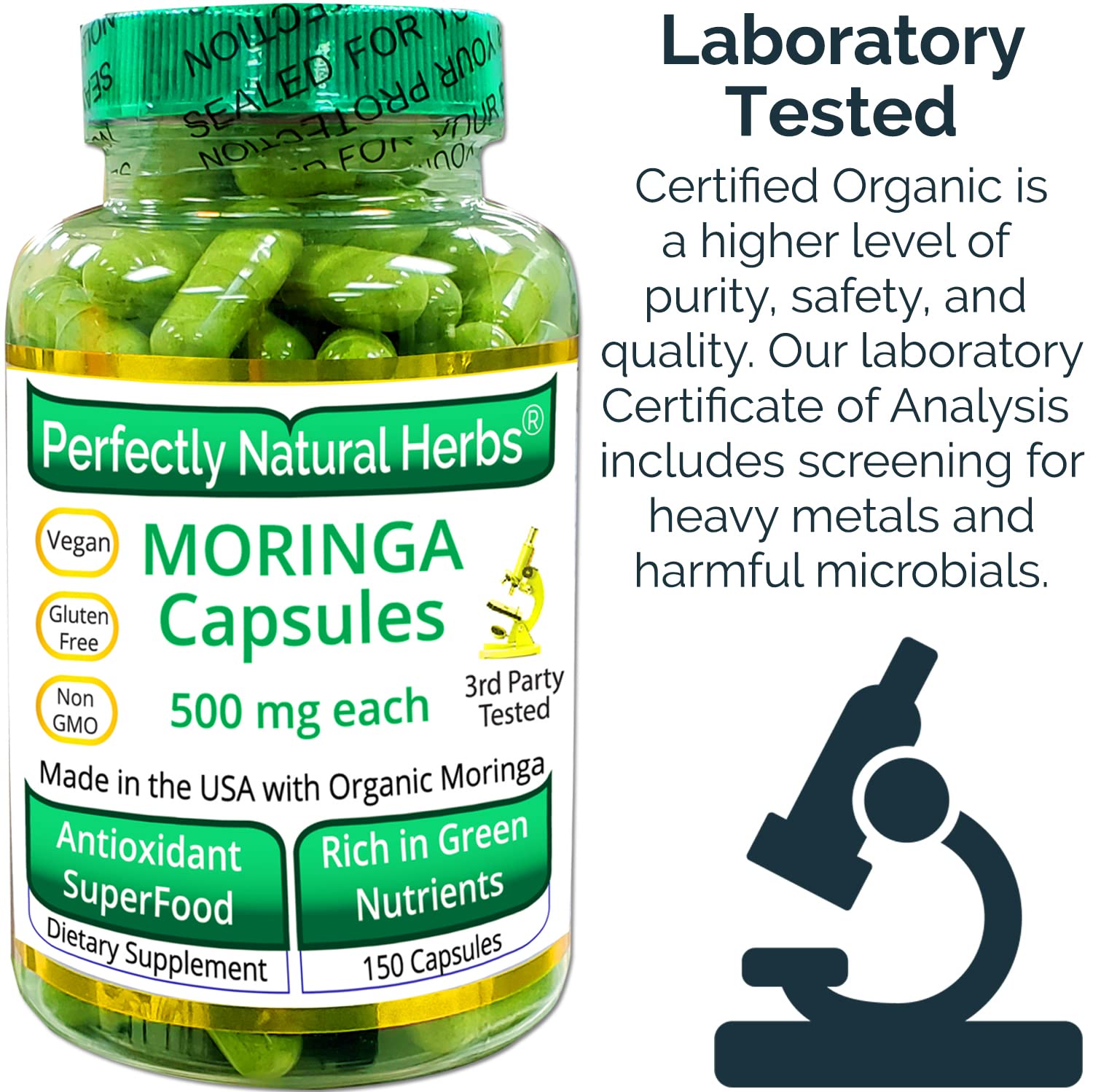 150 Moringa Capsules Made With USDA Certified Organic Moringa Leaf Powder Perfectly Natural Herbs uk supplements