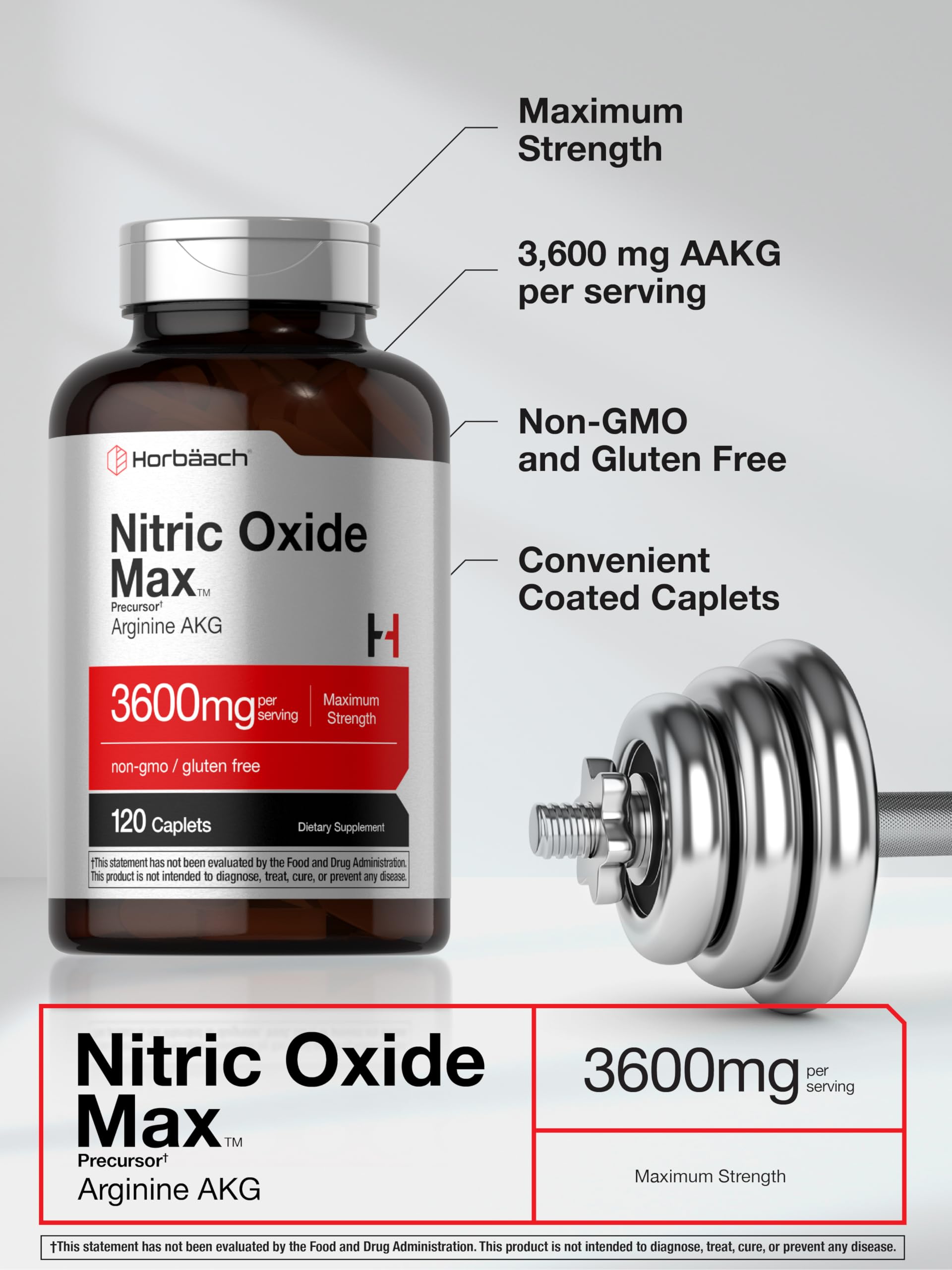 Horbäach Nitric Oxide Max 3600mg | 120 Caplets | with Arginine AAKG for Men and Women | Vegetarian, Non-GMO Horbäach uk supplements
