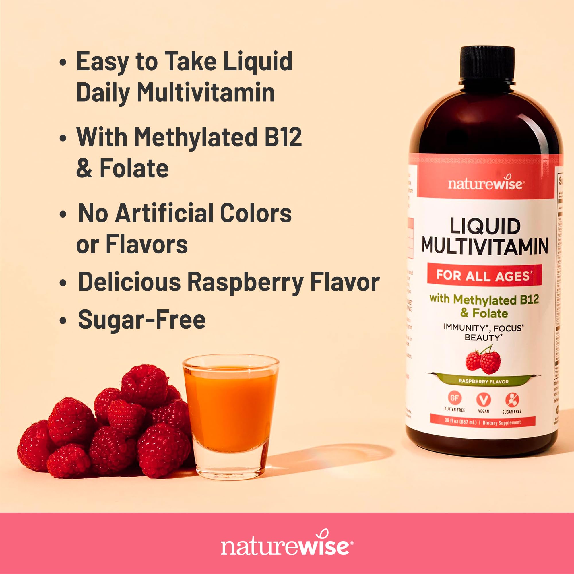 NatureWise Liquid Multivitamin for Women, Men of All Ages - Sugar Free, Vegan - Vitamins for Energy Levels, Beauty, Immune Health with Methylated B12 & Folate - Non-GMO - 30 fl oz(887 mL) NatureWise uk supplements