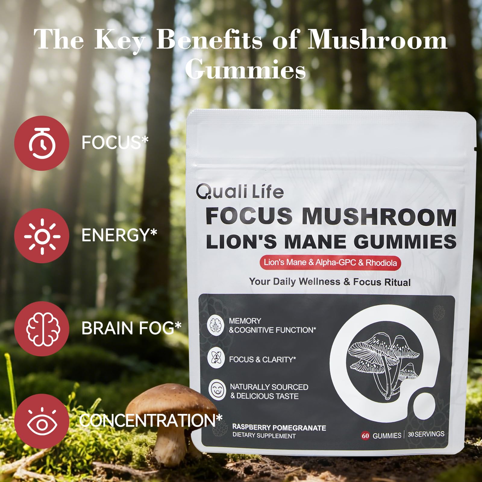 Mushroom Gummies with Lion’s Mane - Alpha Brain Gummy for Focus & Memory - Nootropic Focus Gummies with Rhodiola & Alpha-GPC – Vegan Brain Supplement, Raspberry Pomegranate Flavor, 60 Count (1) QualiLife uk supplements