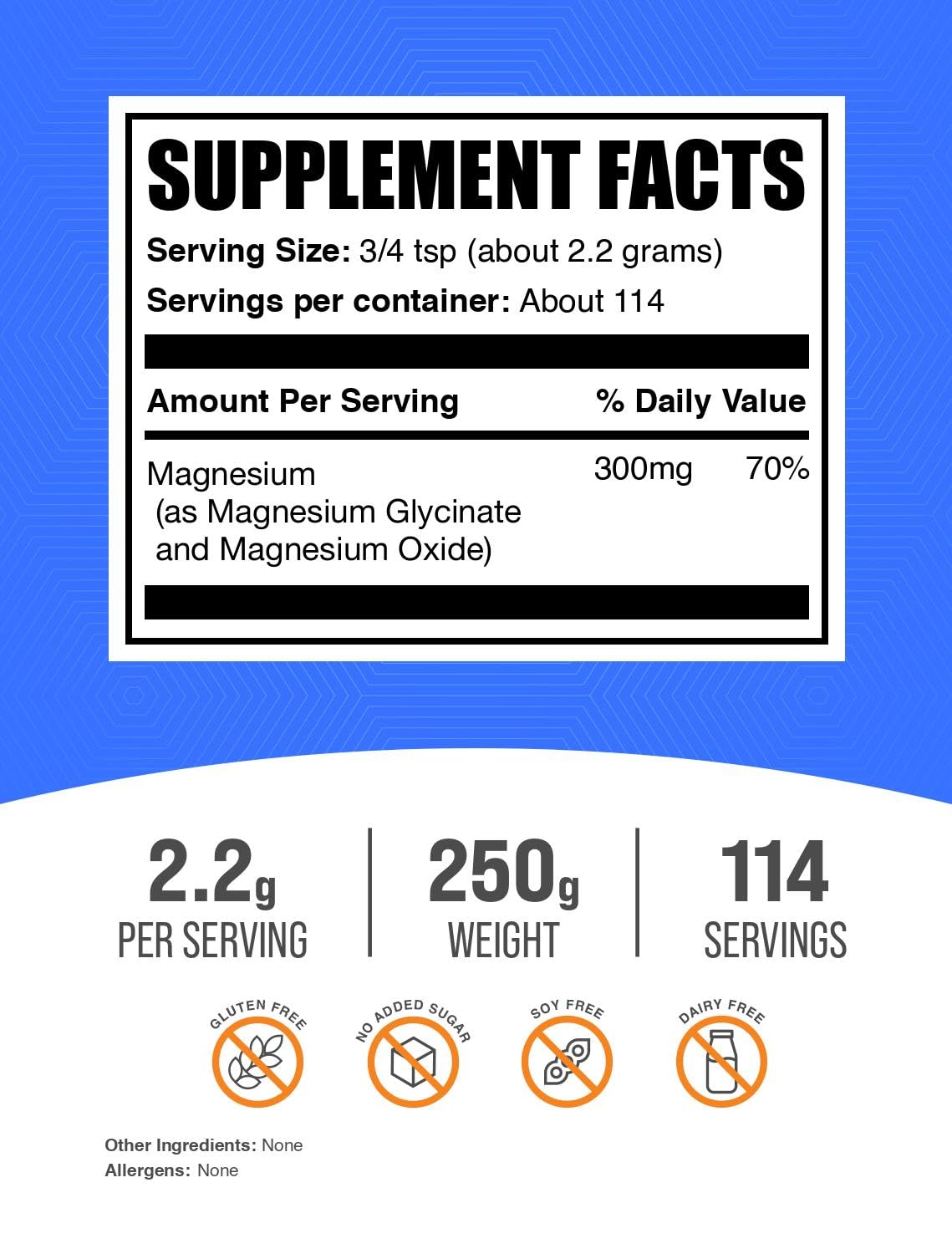BulkSupplements.com Magnesium Glycinate Powder - Magnesium Glycinate 300mg, Highly Absorbable - Gluten Free, 2.2g per Serving, 250g (8.8 oz) (Pack of 1) BulkSupplements uk supplements
