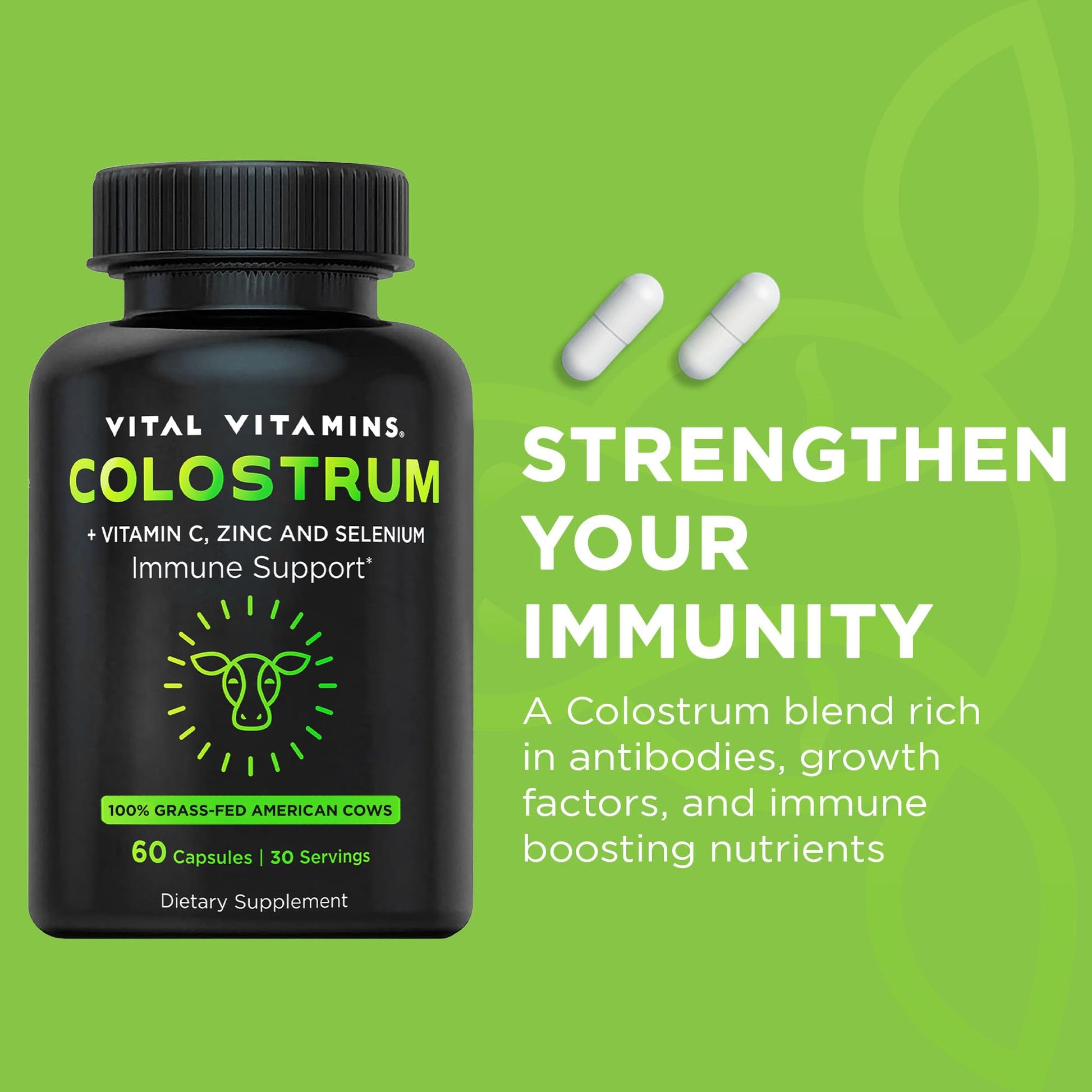 Vital Vitamins Colostrum Supplement - Vitamin C, Zinc, & Selenium - from First Milking - Standardized to Contain 10% IgG Immunoglobulins - Grass-Fed American Cows - 60 Capsules Vital Vitamins uk supplements