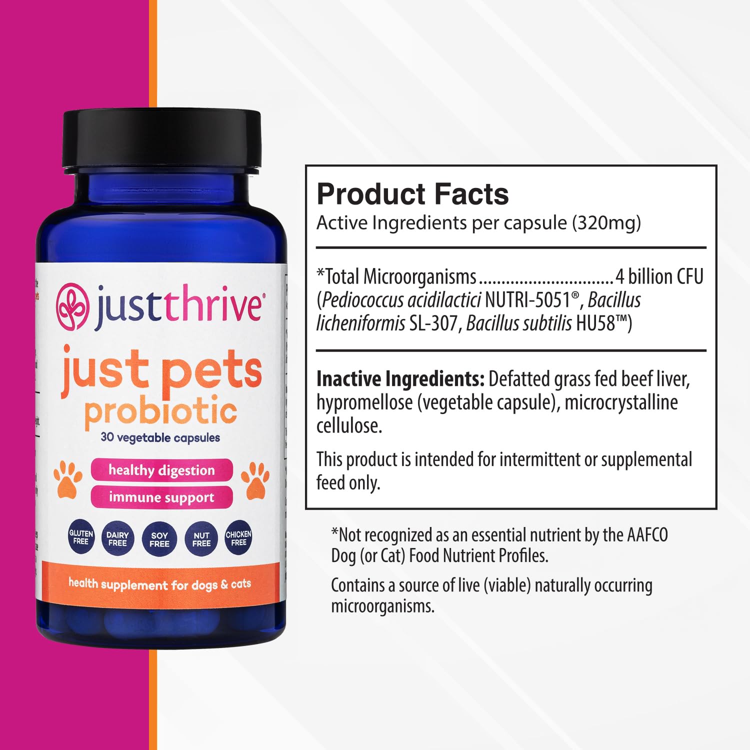 Just Thrive Just Pets Probiotic - Daily Digestive Probiotics for Dogs and Cats - 4 Billion CFUs Pet Probiotic, 30 Capsules Just Thrive uk supplements