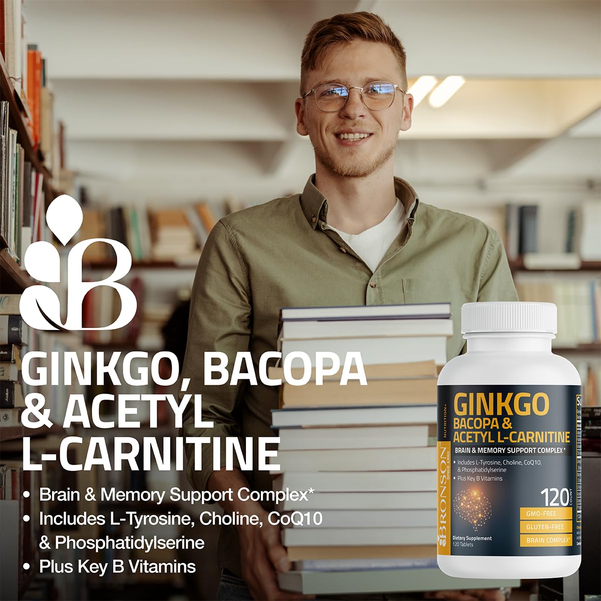 Bronson Ginkgo, Bacopa & Acetyl L-Carnitine Brain & Memory Support Complex with L-Tyrosine, Choline, CoQ10 & Phosphatidylserine Plus Key B Vitamins Non-GMO, 30 Tablets Bronson uk supplements