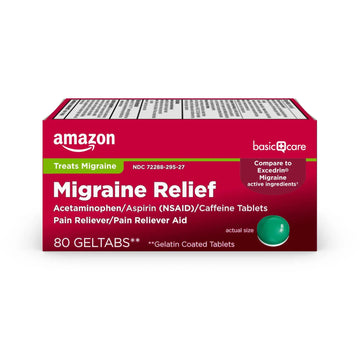 Amazon Basic Care Migraine Relief Geltabs, Pain Reliever, Acetaminophen 250 mg, Aspirin 250 mg (NSAID) and Caffeine 65 mg, Headache Relief, 80 Count Amazon Basic Care uk supplements