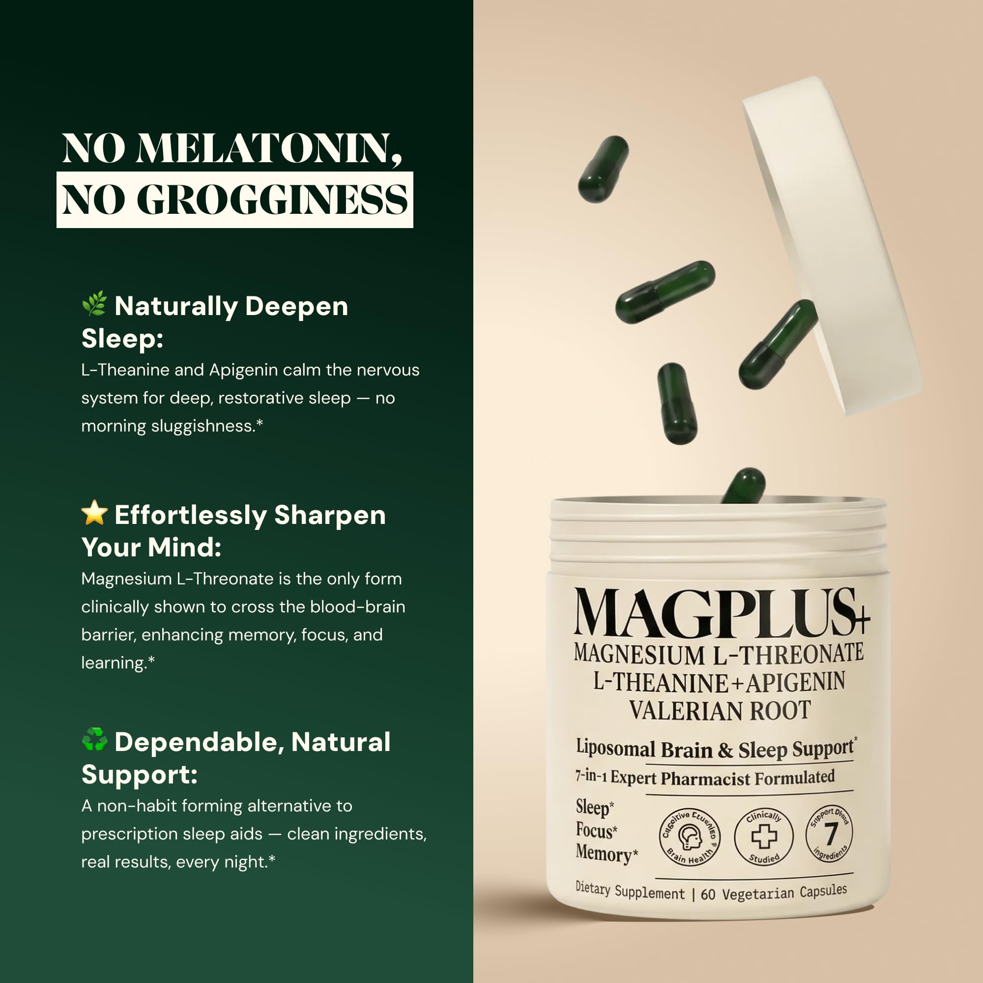 Magnesium L-Threonate with Apigenin, Valerian Root & L-Theanine – No Melatonin Restful Sleep & Brain Supplement – Clinically Studied 7-Ingredient Formula – Memory & Focus – 60 Capsules Plus+Ultra uk supplements