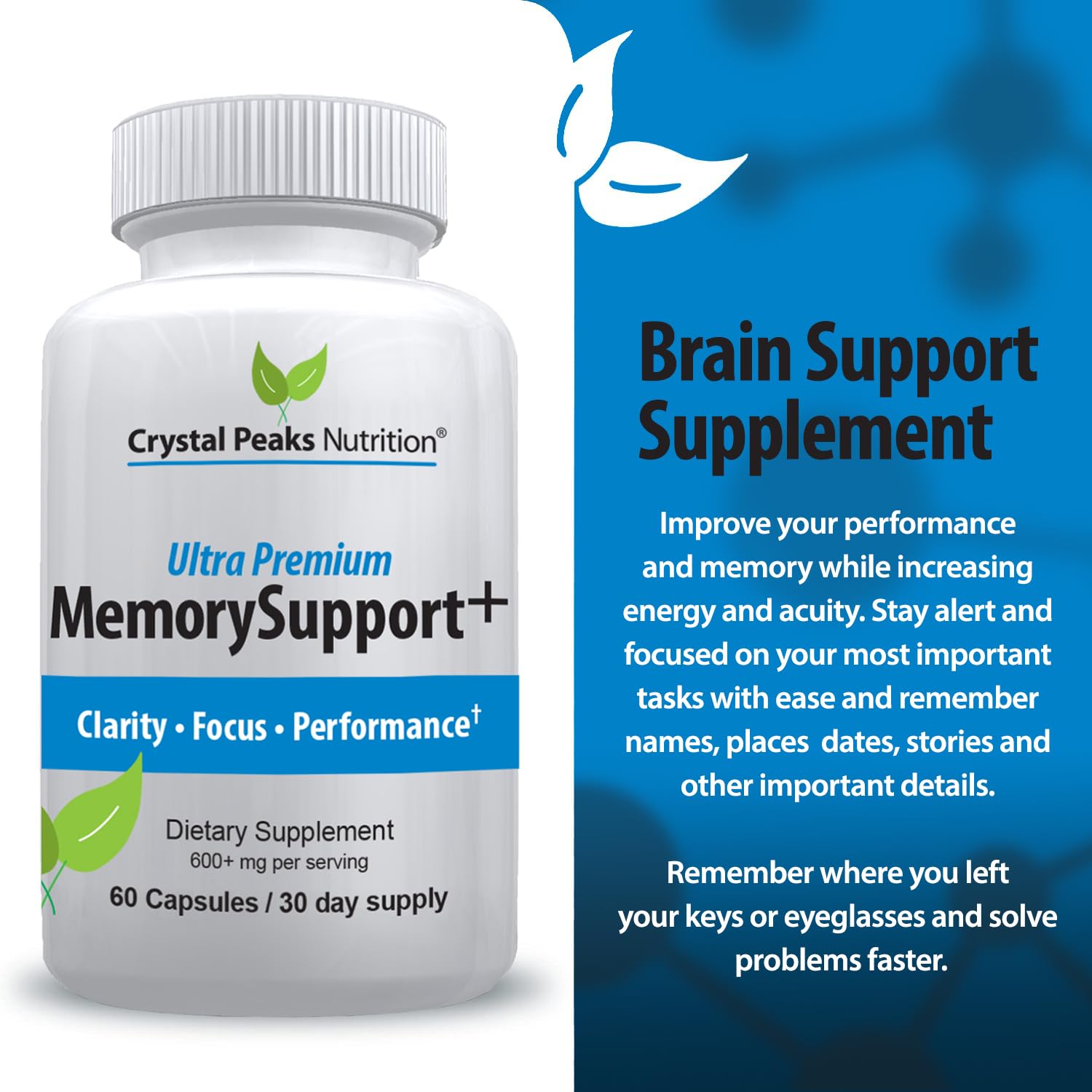 Memory Boost + Brain Support Supplement – Nootropic for Focus, Concentration, Memory. Enhanced Energy, Recall and Alertness - 60 Capsules/30-day Supply. CRYSTAL PEAKS NUTRITION uk supplements