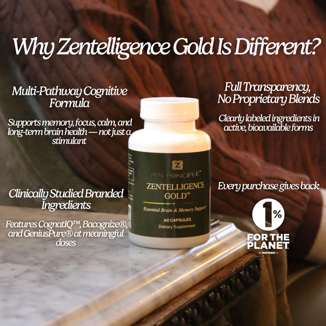 Zen Principle Zentelligence™ Gold Brain Supplement – Memory, Focus & Mental Clarity. Premium Cognitive Support for Adults 40+ with Magnesium, Vitamin D3, CoQ10, Vitamin B12 & L-Theanine. 60 Capsules Zen Principle uk supplements