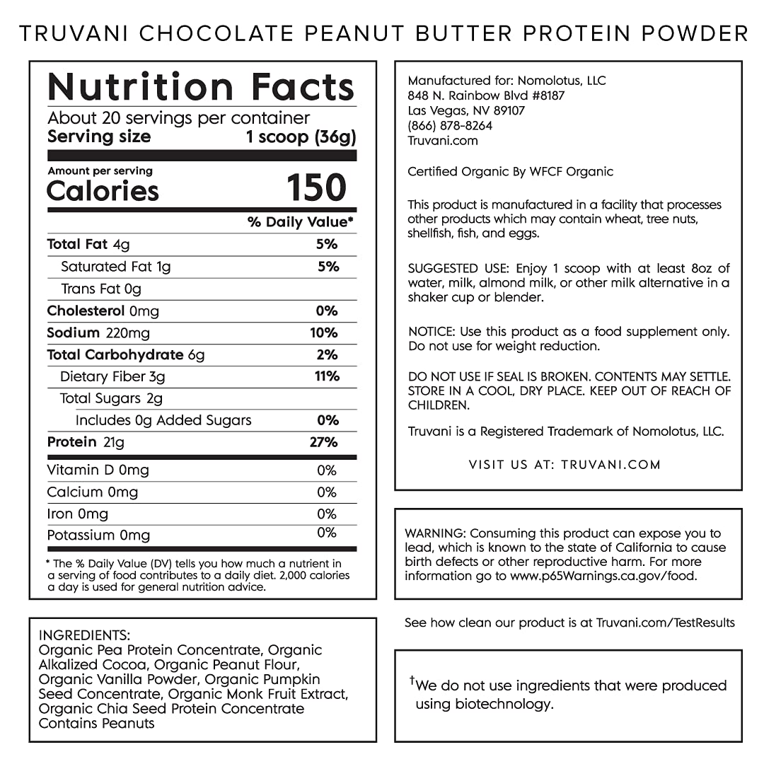 Truvani Vegan Chocolate Peanut Butter Protein Powder - 20g Plant-Based Protein, Gluten Truvani uk supplements