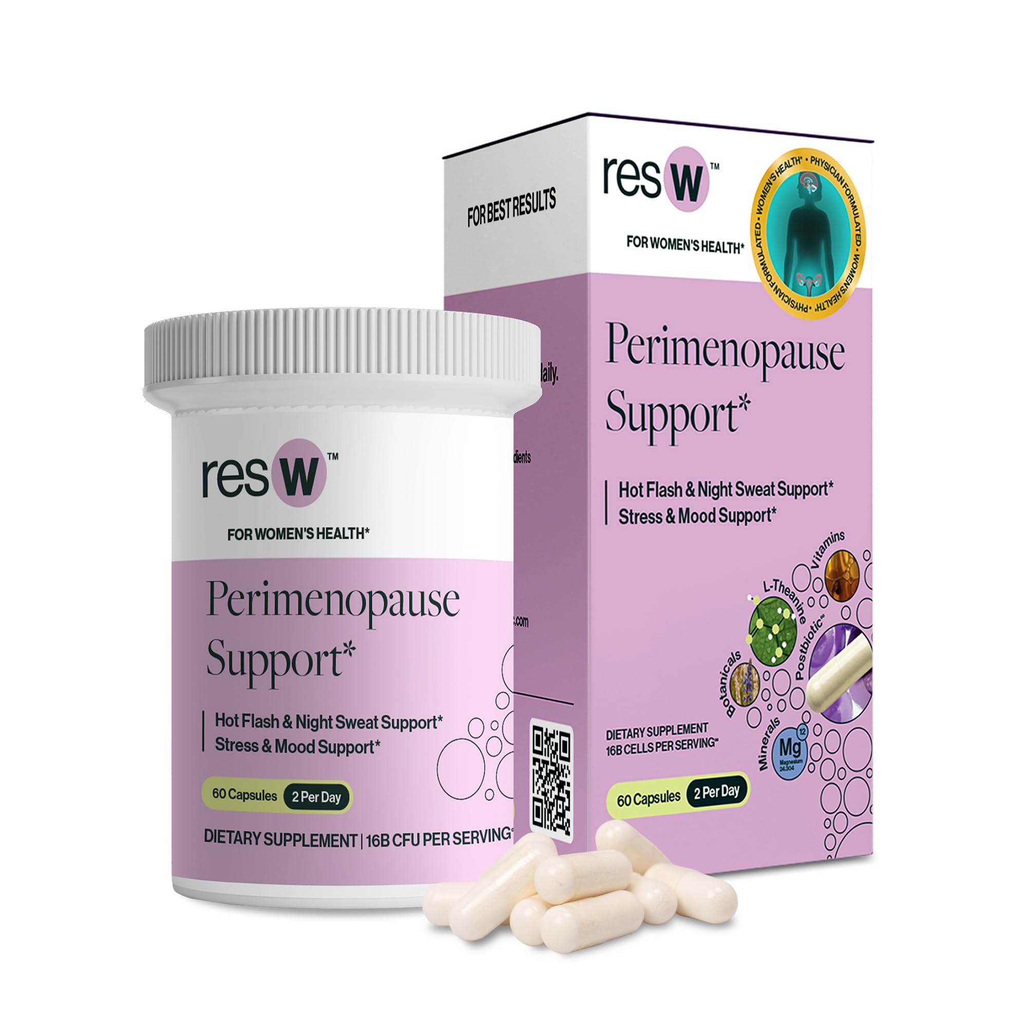 resW Perimenopause Postbiotic Supplement for Women - Hot Flash Support, Night Sweat Relief, Hormone Free, Vegan, Gluten Free, Non GMO, Plant Based Gut Health Support - 60 Capsules ResBiotic uk supplements
