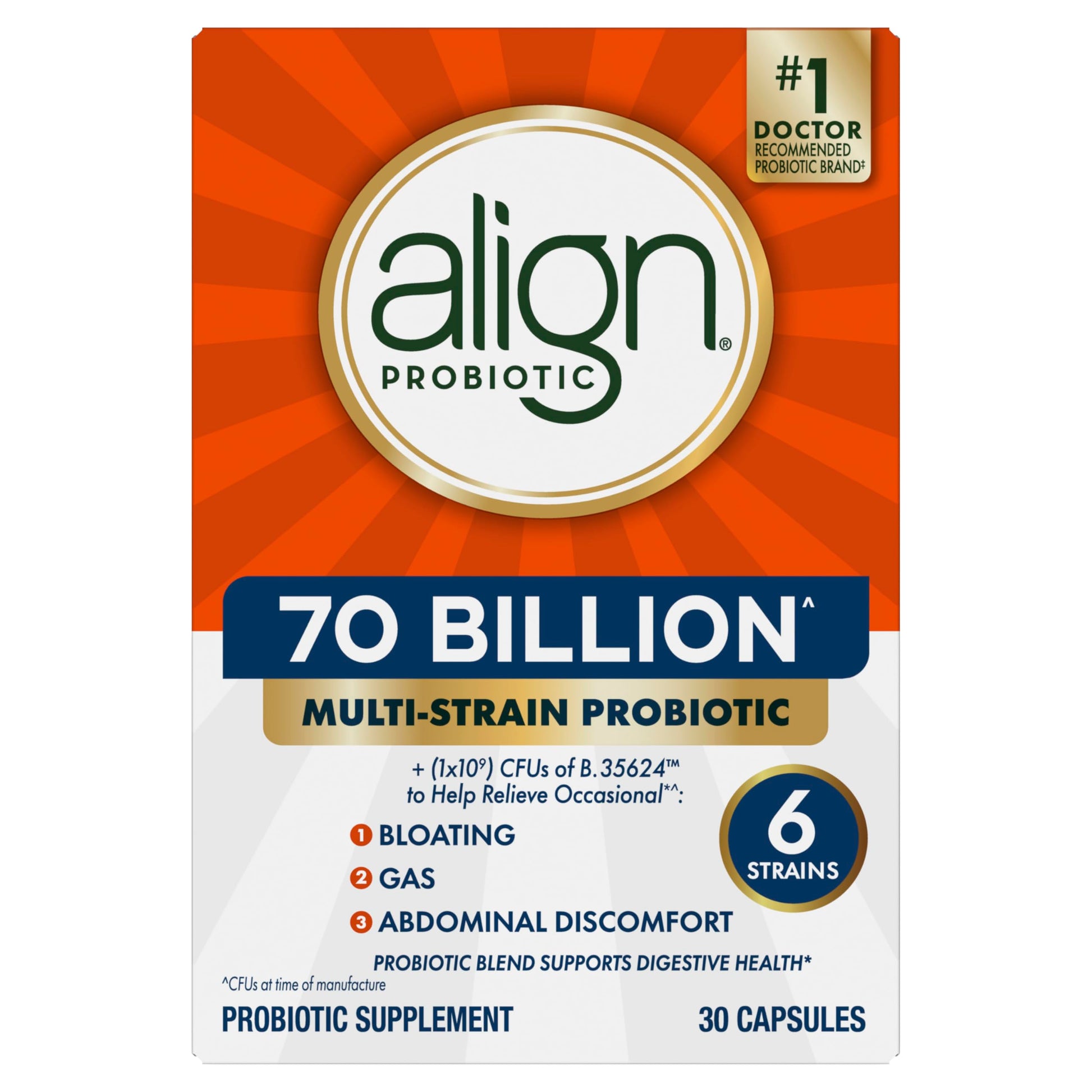 Align Probiotic, 70 Billion CFU, 6 Strain Blend, Probiotics for Women and Men, Daily Probiotics for Digestive Health, Helps Relieve Occasional Bloating & Gas 30 Capsules Align uk supplements