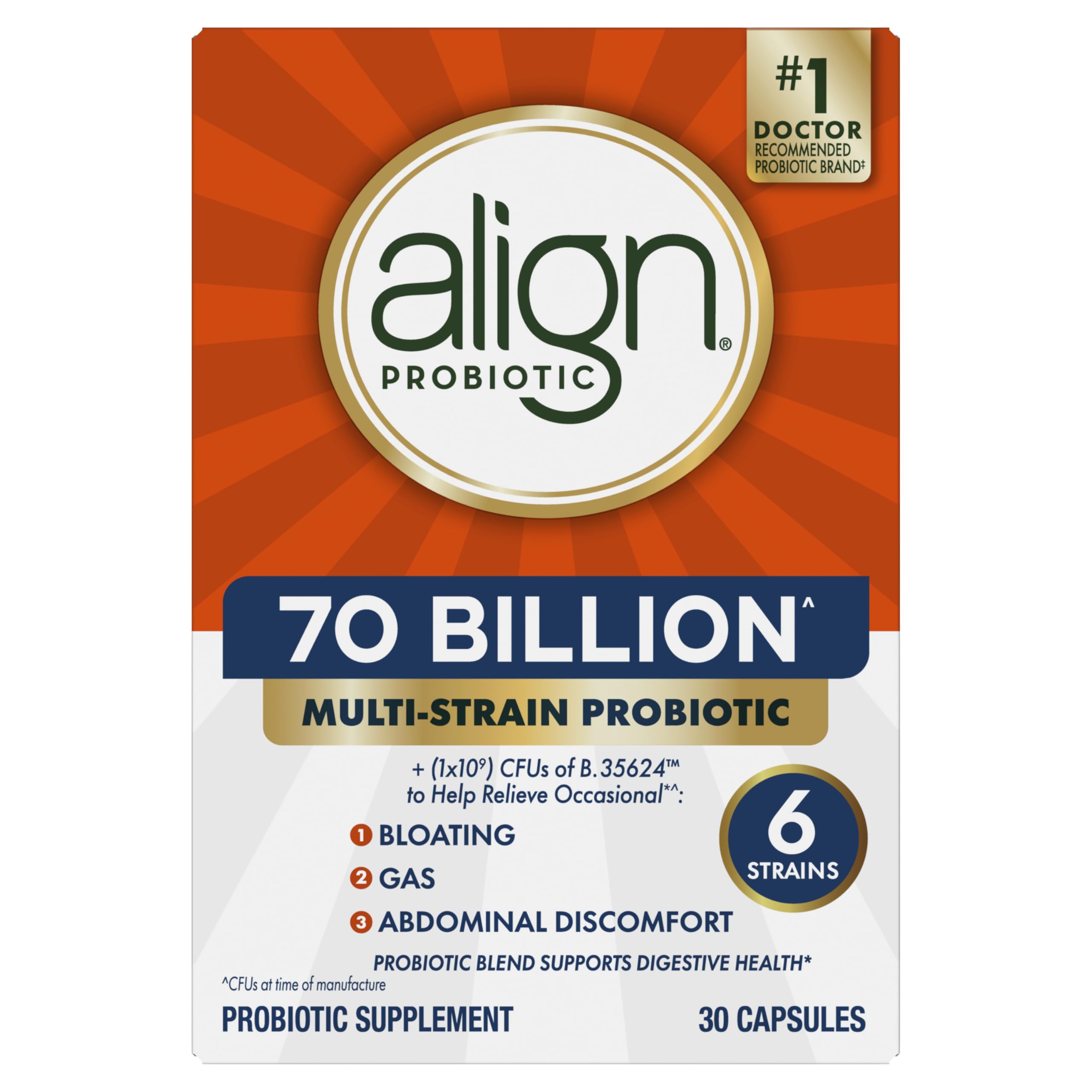 Align Probiotic, 70 Billion CFU, 6 Strain Blend, Probiotics for Women and Men, Daily Probiotics for Digestive Health, Helps Relieve Occasional Bloating & Gas 30 Capsules Align uk supplements