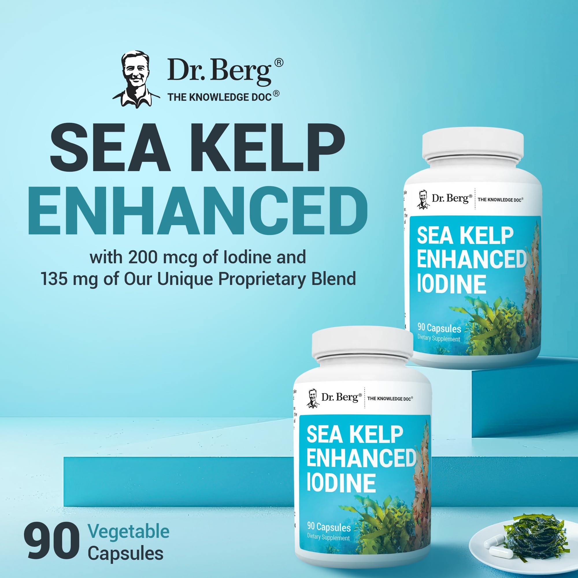 Dr. Berg Sea Kelp Enhanced Iodine - 200 mcg of Premium Iodine - Seaweed Blend Includes Klamath Blue-Green Algae & Sea Kelp - 90 Capsules Dr. Berg Nutritionals uk supplements