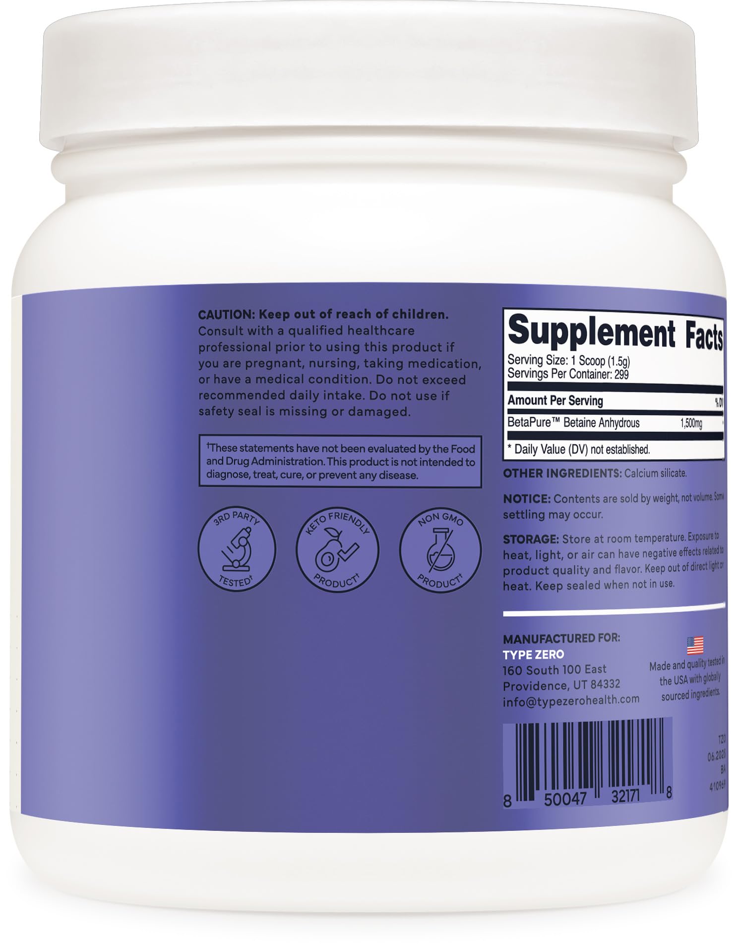 Type Zero Betaine Anhydrous Powder (1 LB) Unflavored - Clean Betaine Anhydrous Supplement, TMG, Trimethylglycine, 1,500mg Per Serving, Keto, GMO-Free Type Zero uk supplements