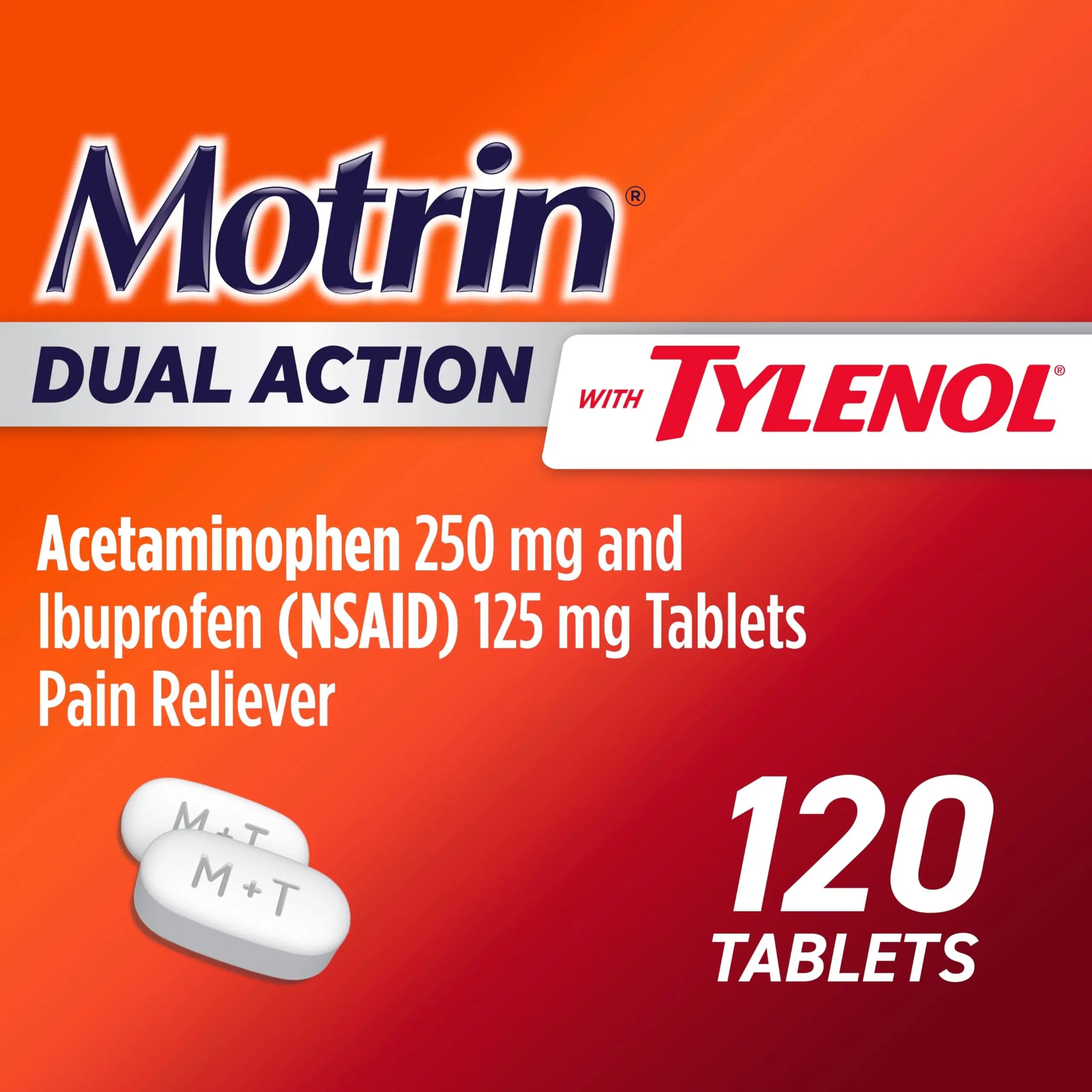 Motrin Dual Action with Tylenol, Ibuprofen & Acetaminophen Fast-Acting Dual Action Pain Reliever for Minor Aches & Pains, Ibuprofen (NSAID) 125 mg & Acetaminophen 250 mg, 120 ct Motrin uk supplements