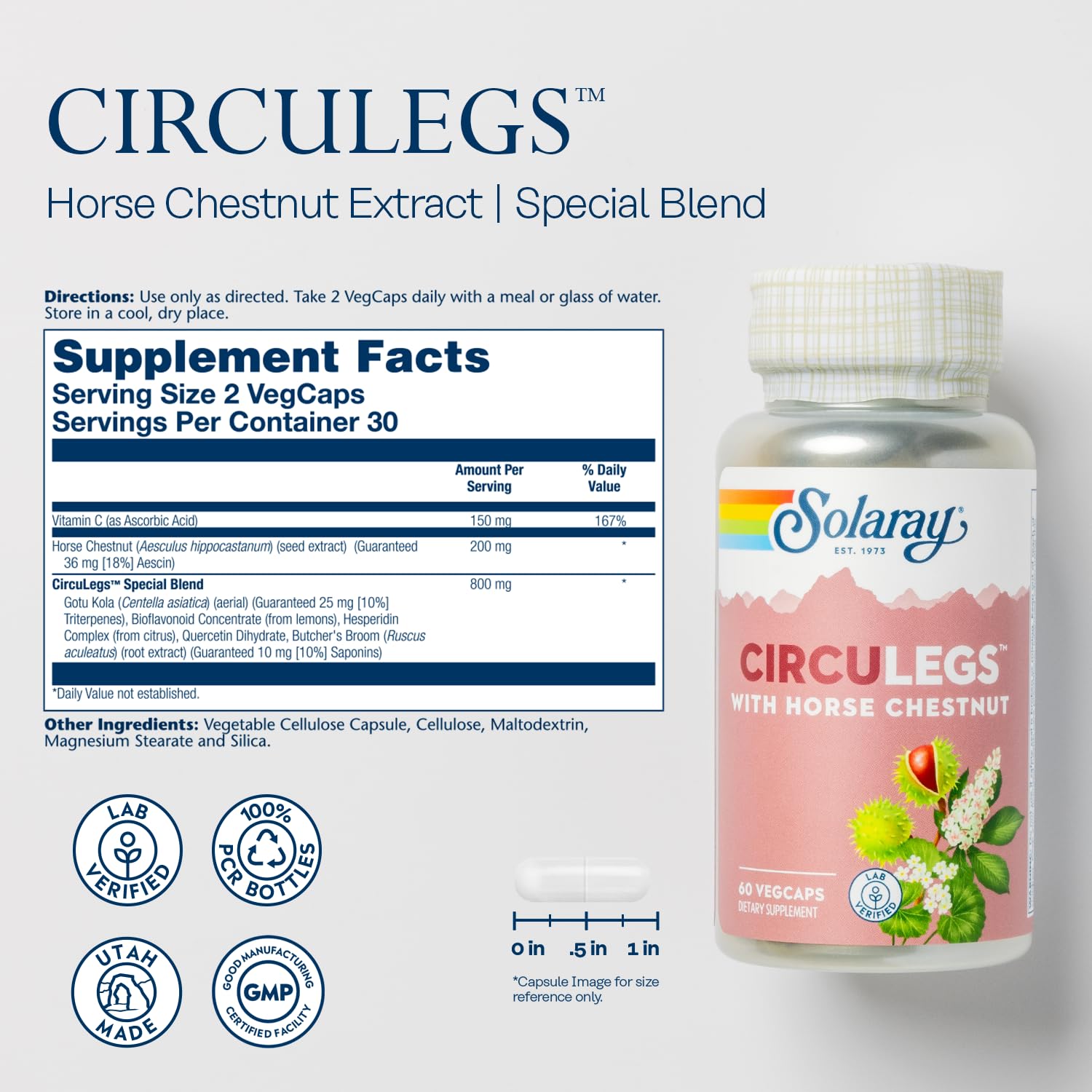 SOLARAY Circulegs - Herbal Supplements for Wellness Support w/Horse Chestnut Extract and Vitamin C, Plus Gotu Kola, Flavonoids, Hesperidin Blend - Vegan, Gluten Free, 60-Day Guarantee - 30 Servings SOLARAY uk supplements