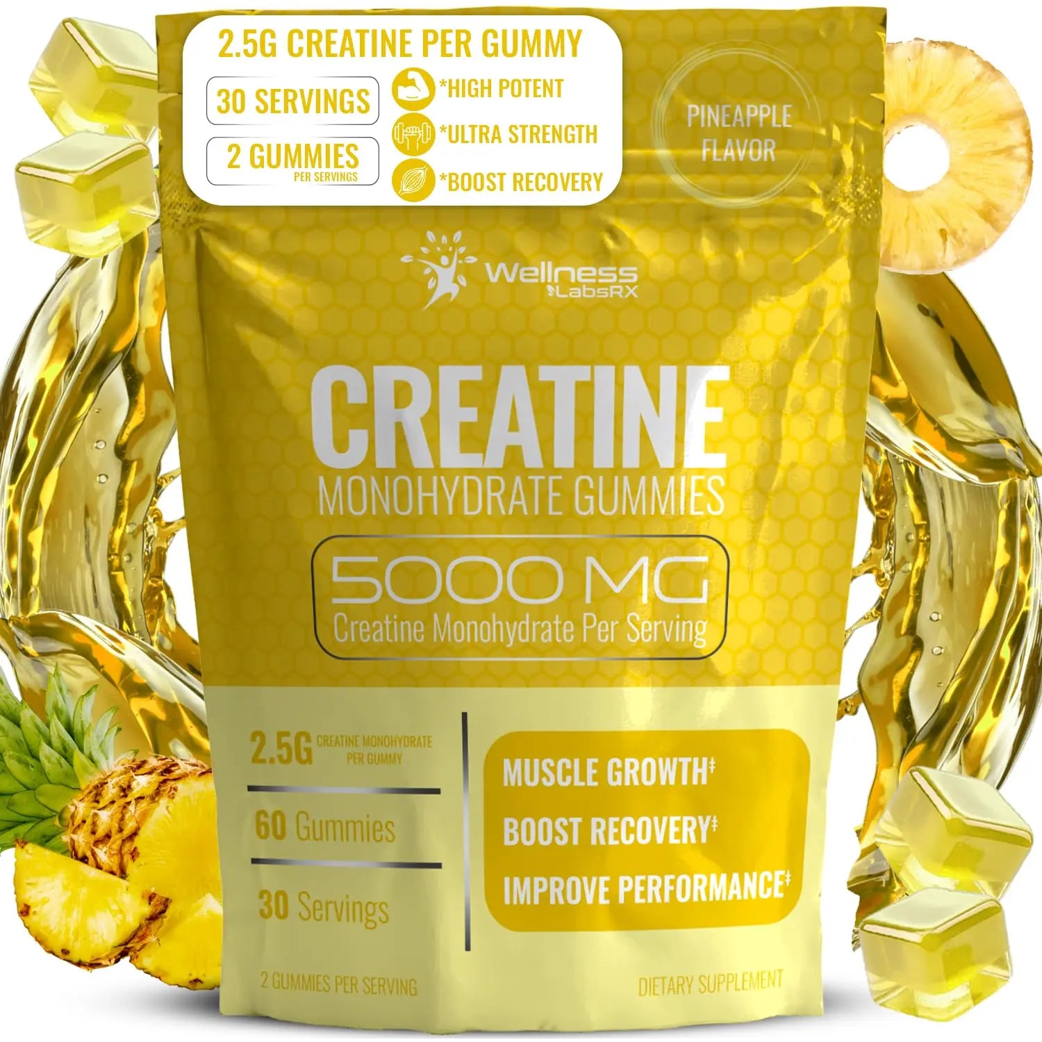 Creatine Gummies 5000mg, 30 Servings Creatine Monohydrate Gummies - Third-Party Tested Creatine for Women, Pineapple Flavor Creatine for Men, Muscle Growth, WELLNESS LABSRX uk supplements