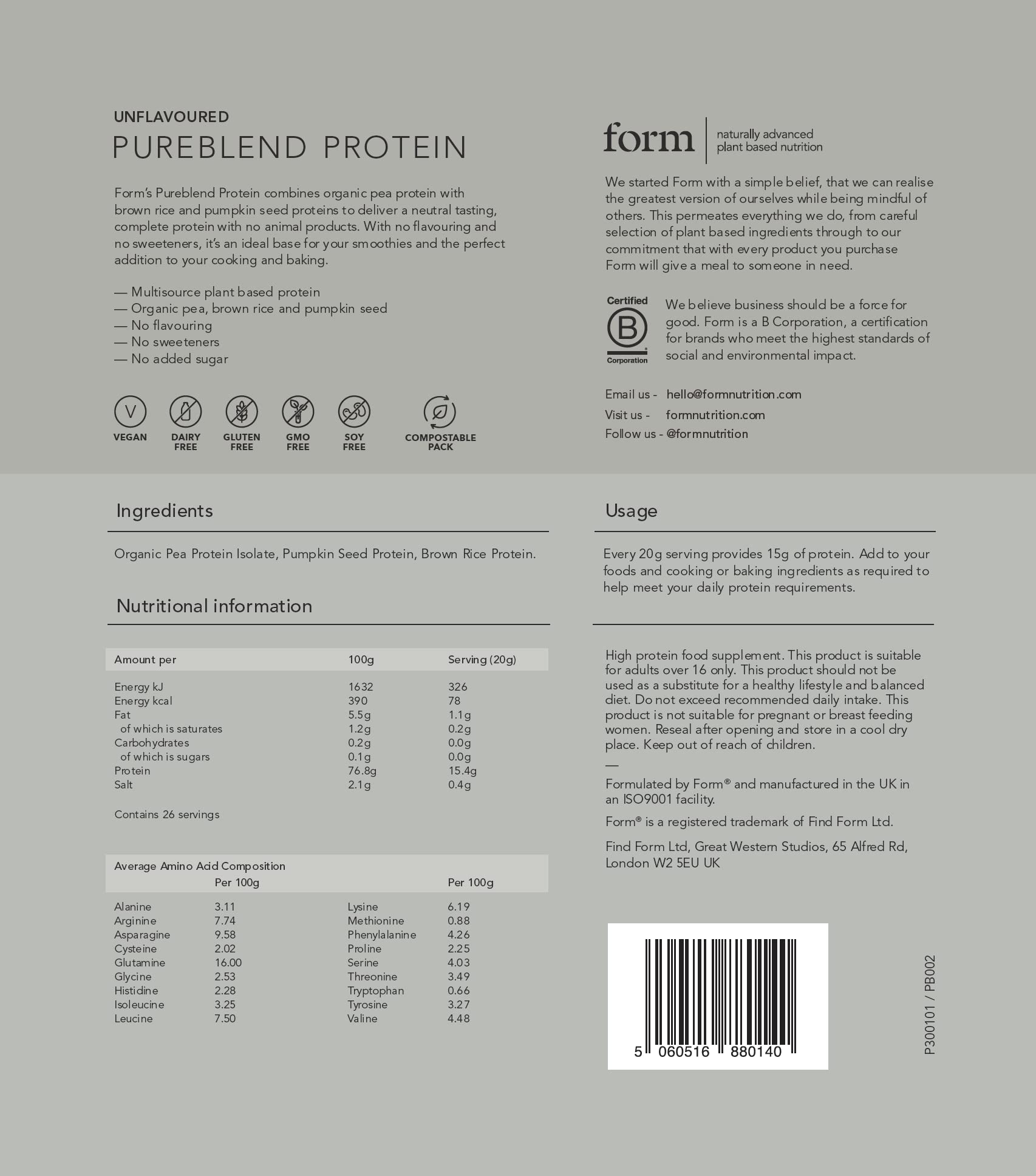 Form Pureblend Protein - Unflavoured and Unsweetened Vegan Protein Powder Form uk supplements