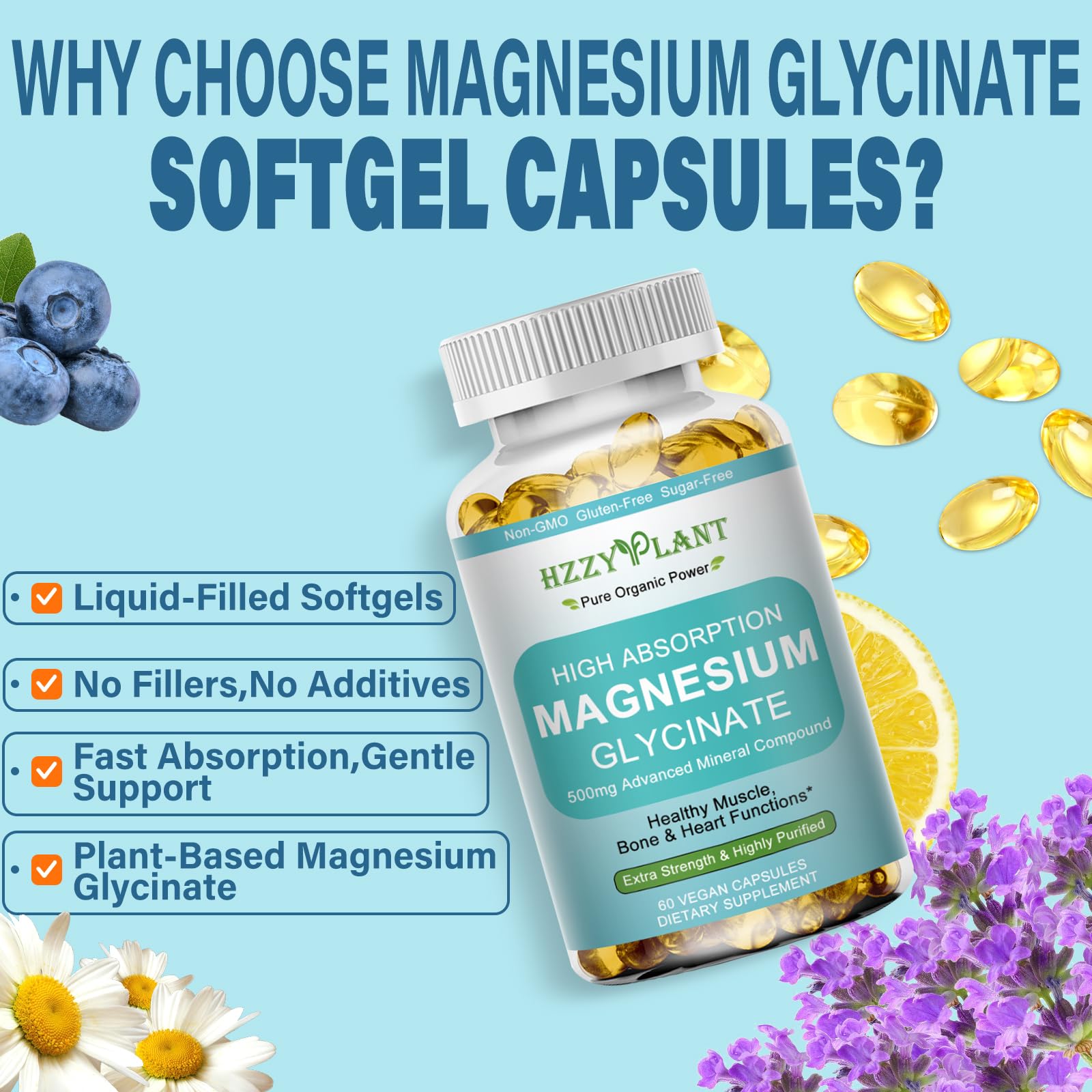 Magnesium Glycinate 500mg Softgels, High Absorption Magnesium Supplement Softgel Capsules for Muscle, Heart, Sleep & Bone Support, Stress Relief, Nerve Health & Metabolism, Non-GMO, 2 Month Supply HZZYPLANT uk supplements