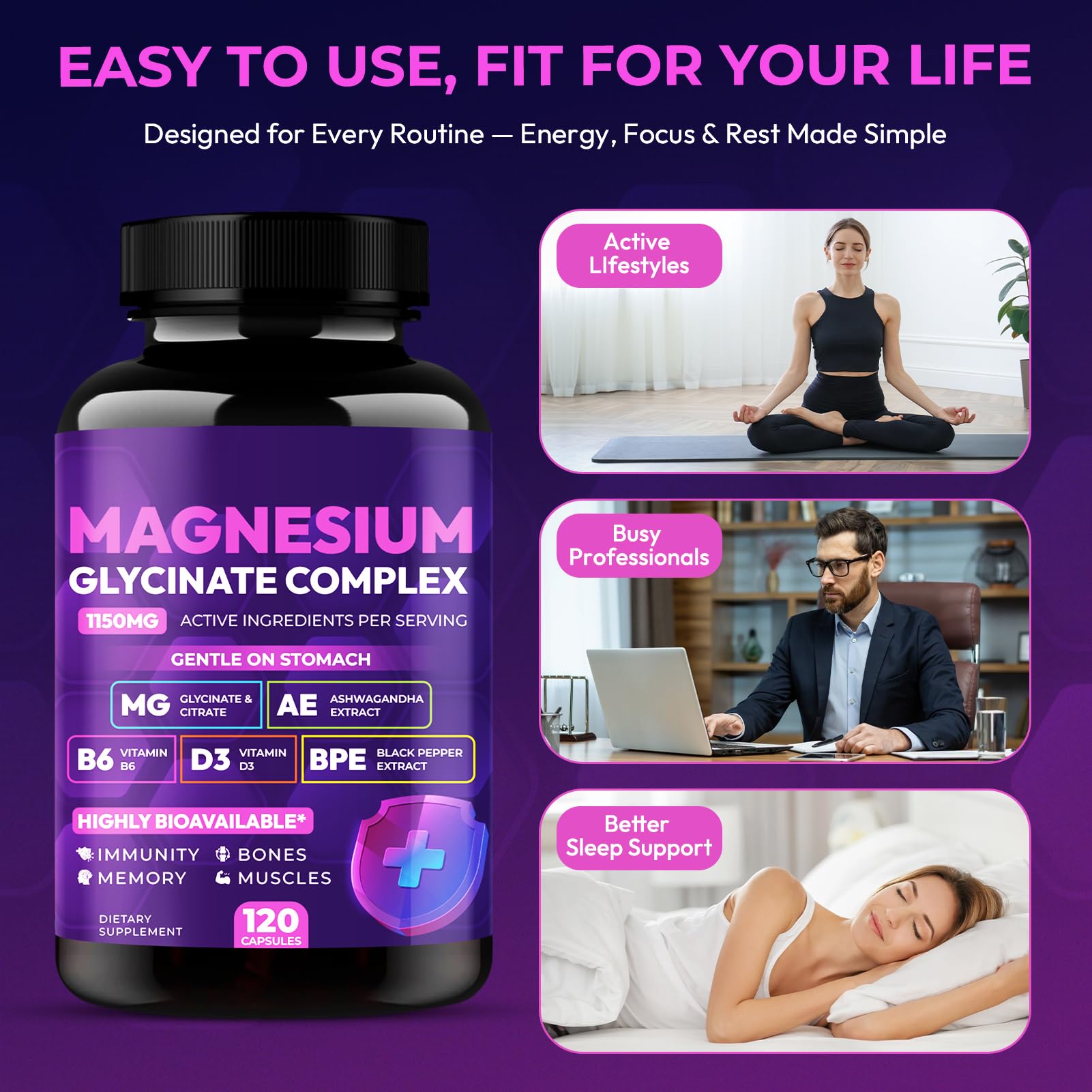 Magnesium Glycinate Complex 1150mg - Gentle on Stomach High Absorption Magnesium Capsules with Citrate, Silica, Ashwagandha & Vitamin B6 for Zzz, Stress Relief, Muscle Support for Adults, Women & Men Cytona uk supplements