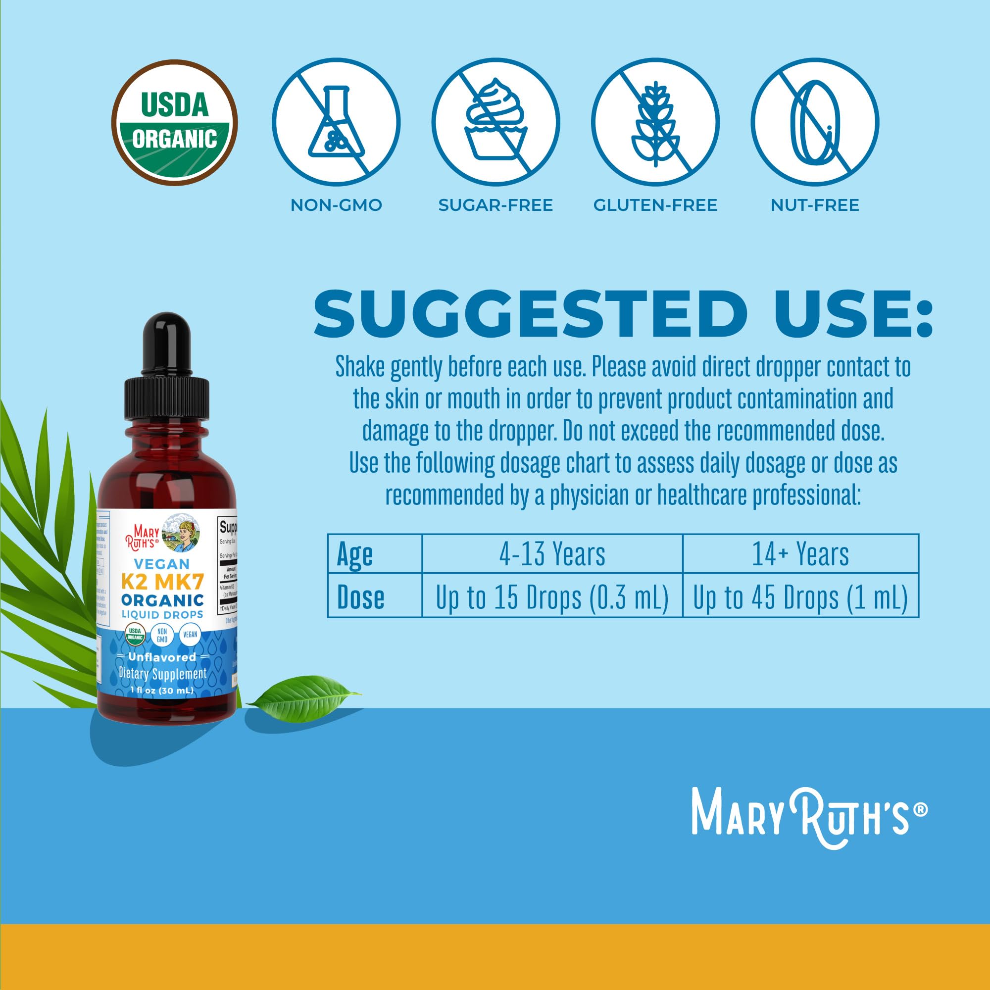 MaryRuth’s USDA Organic Vitamin K2 MK7 Liquid Drops for Adults & Kids | Sourced from Natto | Menaquinone- 7 | Vegan K2 Vitamin for Bone Health & Calcium Absorption | 1oz | Up to 90 Servings MARYRUTH'S uk supplements